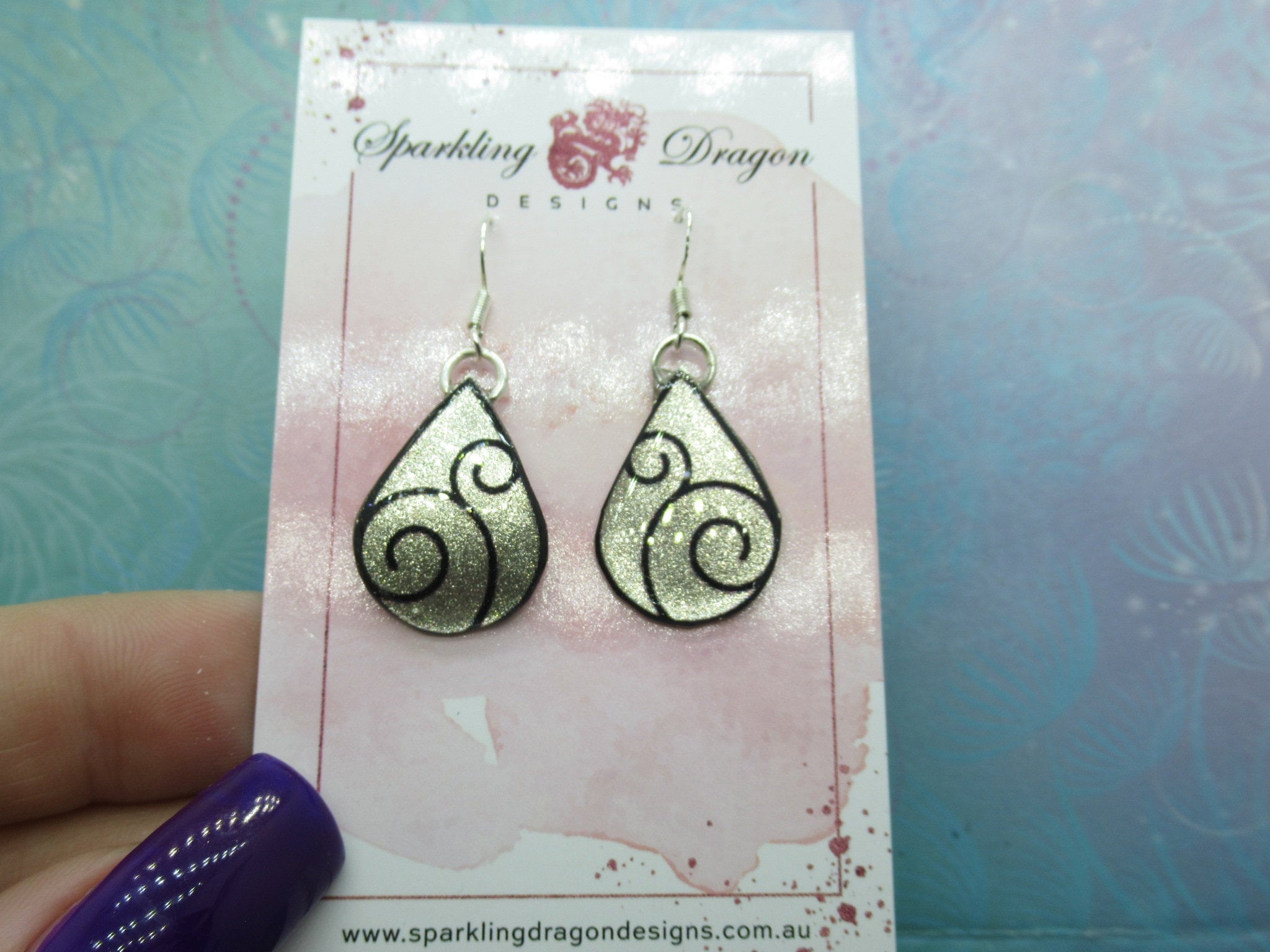 Rain Drop Swirls Earrings - New Age Boho gift - Sparkling Silver in Resin with Glitter Finish