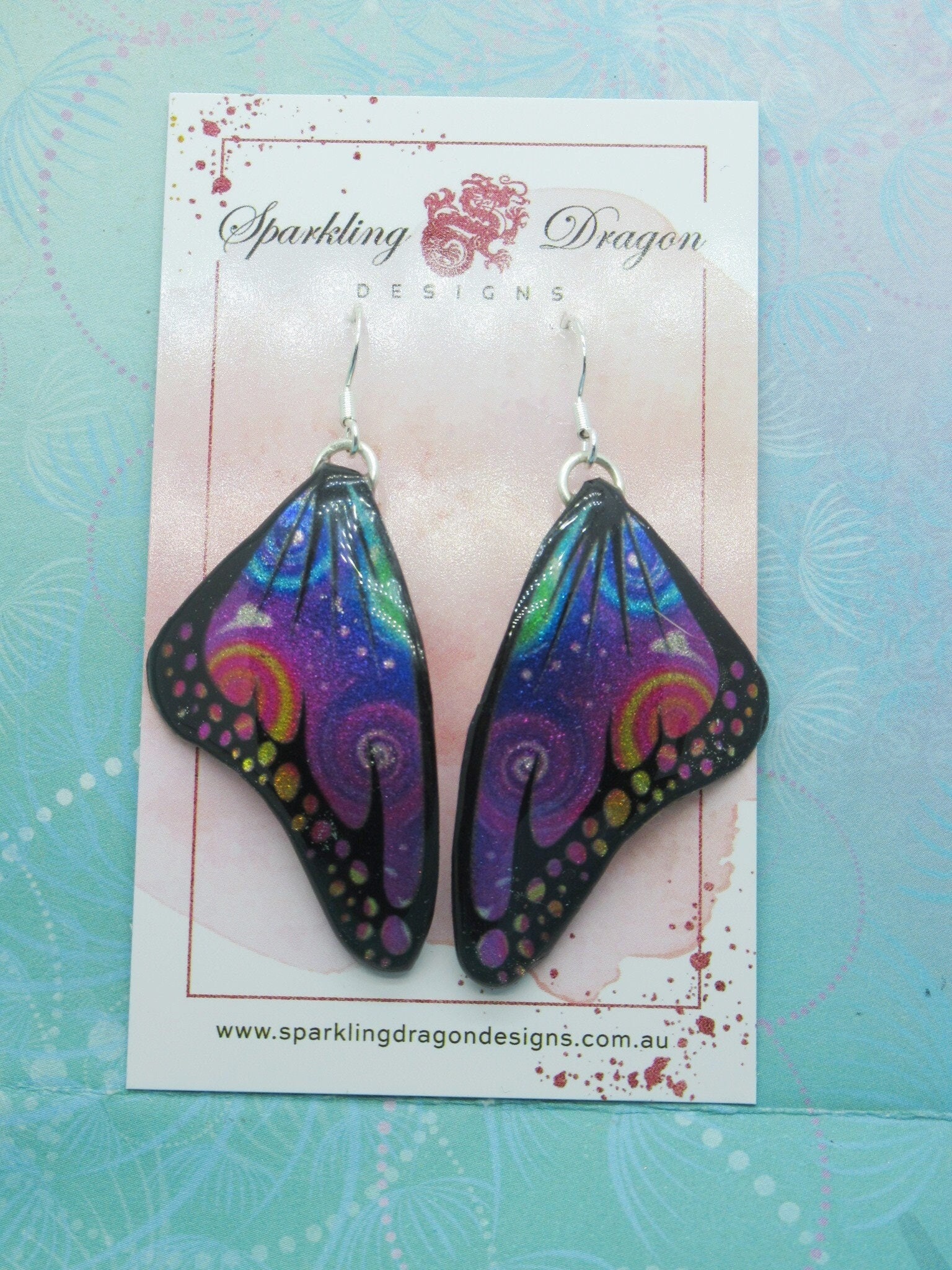 Butterfly Wing Earrings Swirling Rainbow - Fairy Jewellery, Fun Gift for her Fairy Wing Earrings - Sparkly - Resin with Glitter Finish