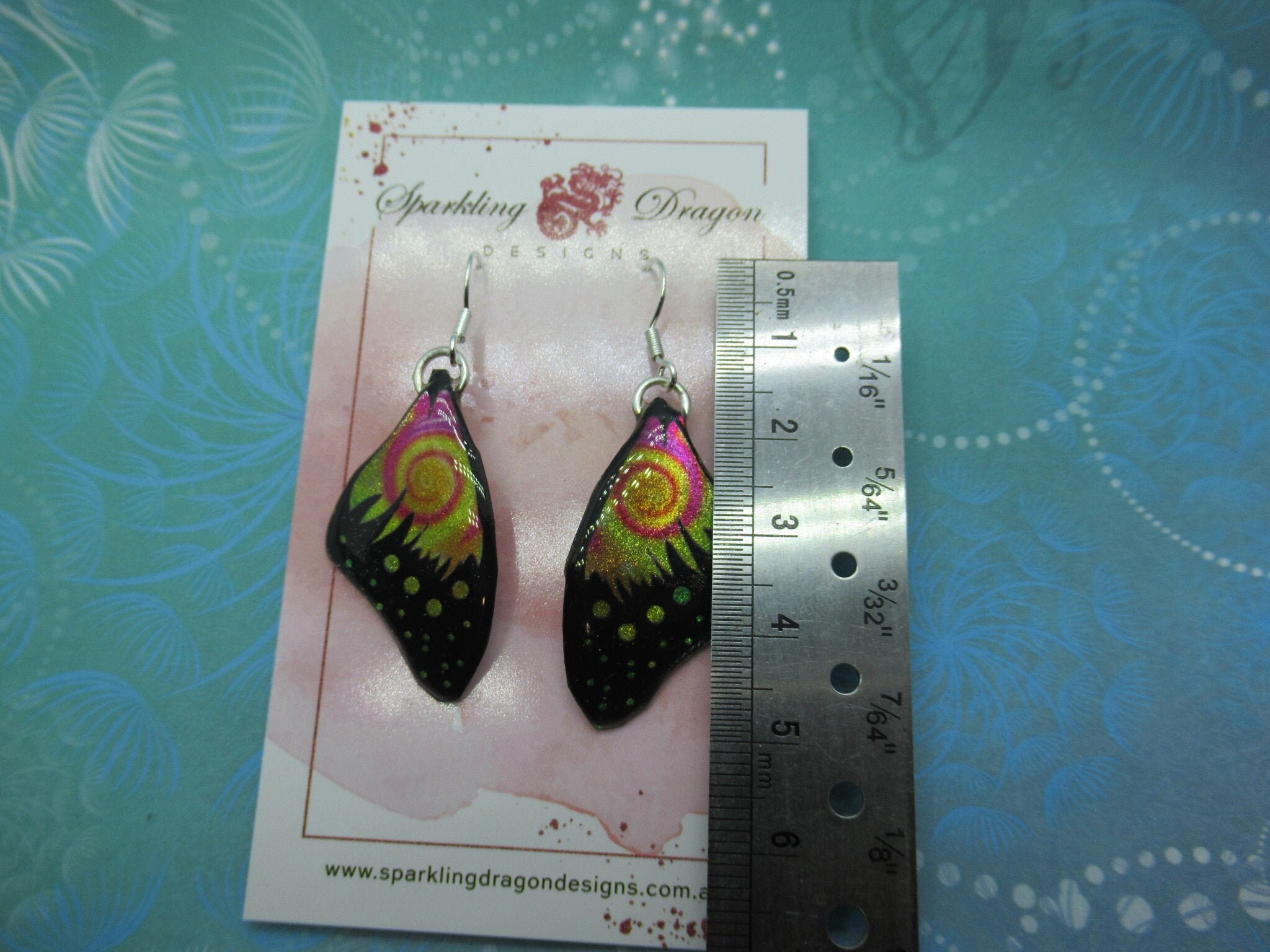 Butterfly Wing Earrings Swirling Yellow & Pink - Fairy Jewellery, Fun Gift for her Statement Present Sparkly - Resin with Glitter Finish - Image 3