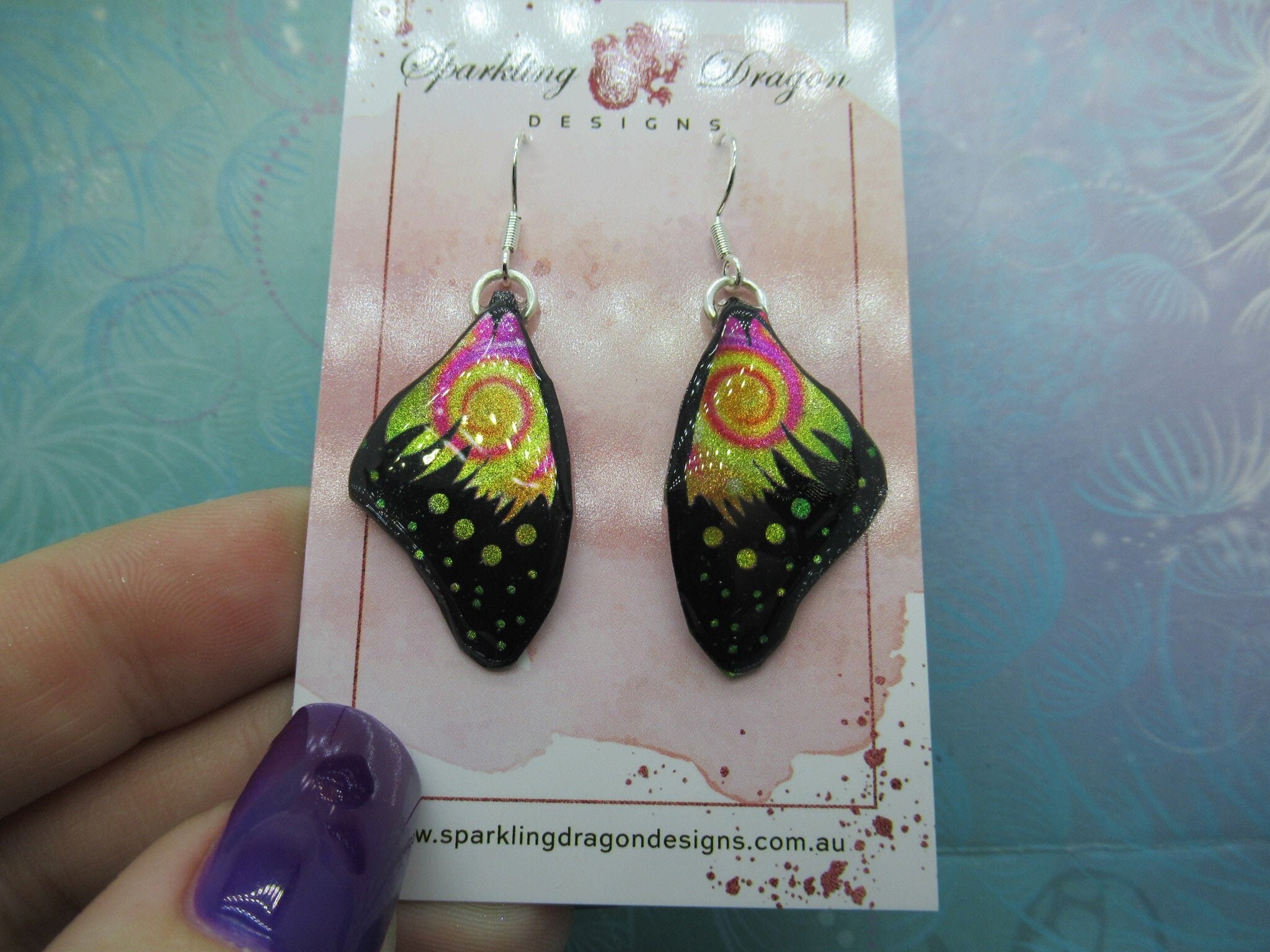 Butterfly Wing Earrings Swirling Yellow & Pink - Fairy Jewellery, Fun Gift for her Statement Present Sparkly - Resin with Glitter Finish - Image 2