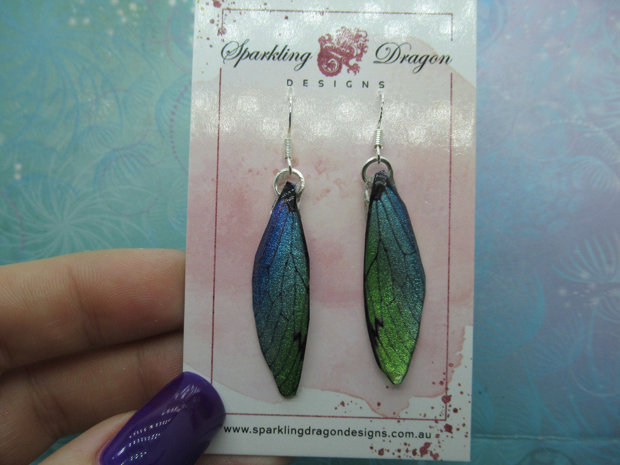 Butterfly Earrings Blue & Green Yellow Sparkle - Fairy Jewellery, Fun Gift for her Statement Present Sparkly - Resin with Glitter Finish - Image 3