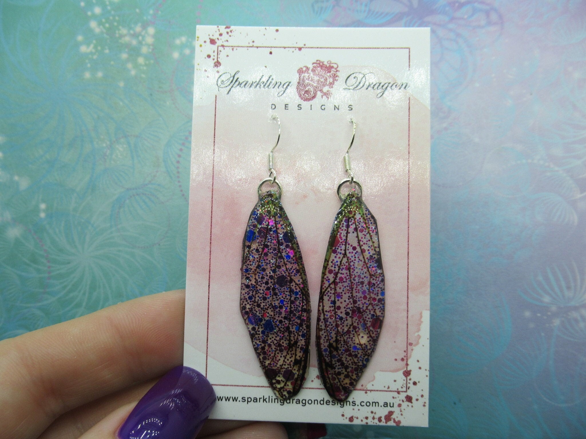 Butterfly Earrings Sparkly Purple & Pink - Fairy Jewellery, Fun Gift for her Fairy Wing Earrings - Sparkly - Resin with Glitter Finish - Image 2