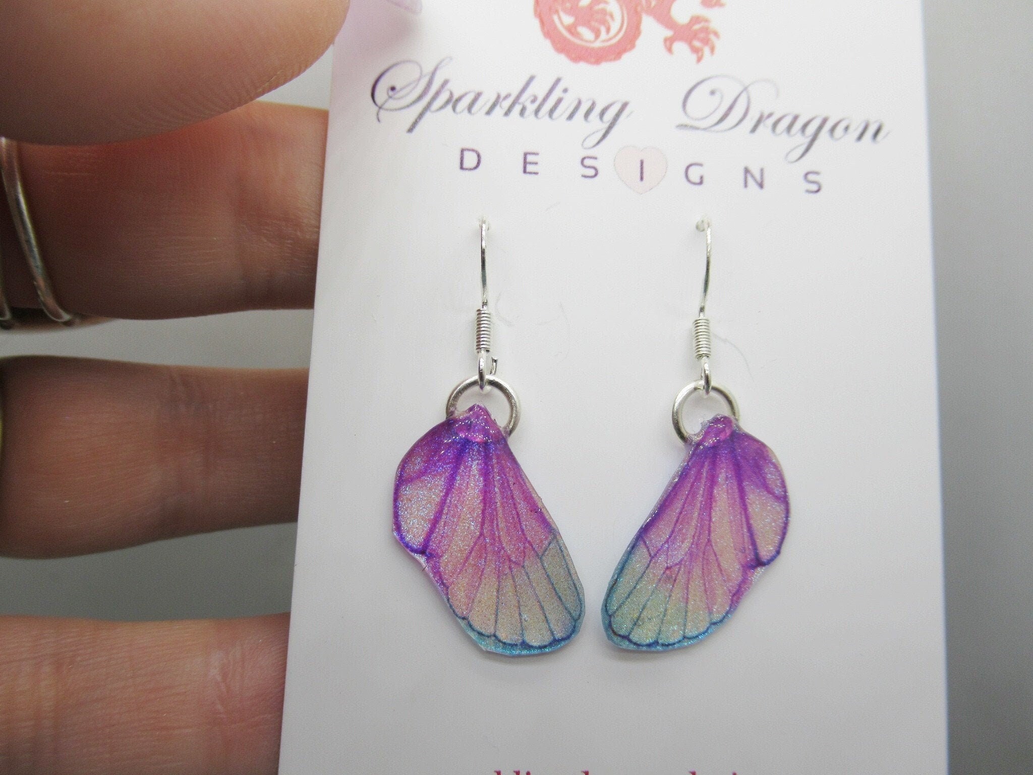 Butterfly Wing Dainty Earrings Blue & Pinke - Fairy Jewellery, Fun Gift for her Fairy Wing Earrings - Sparkly - Resin with Glitter Finish