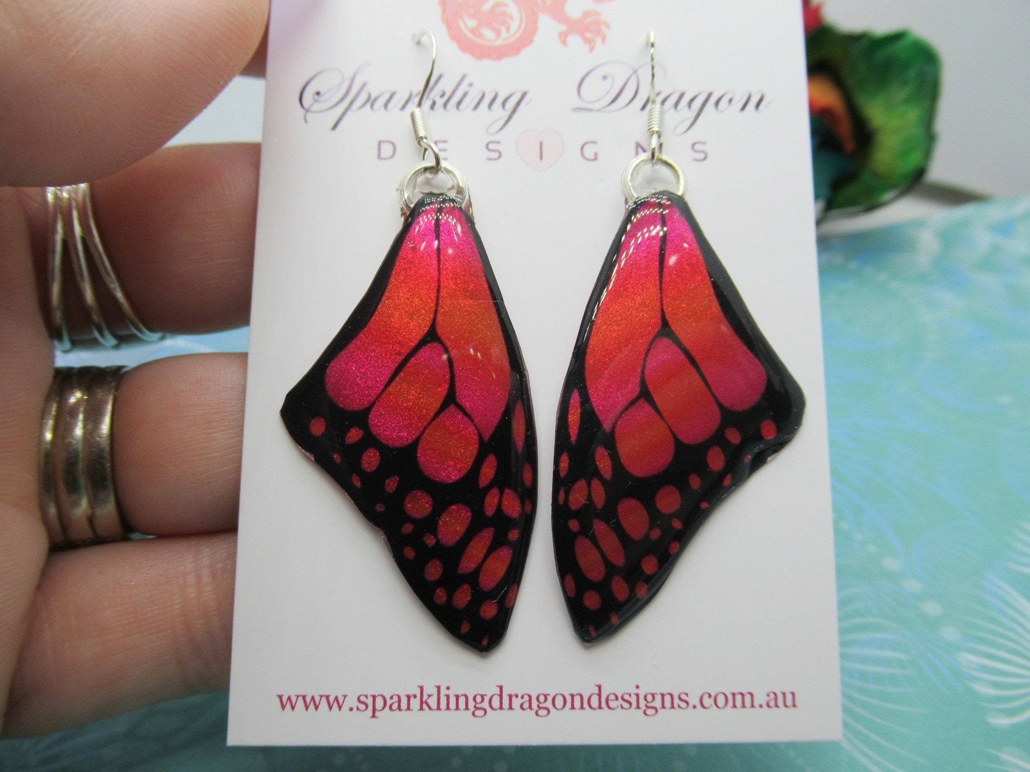 Ruby Red Butterfly Wing Medium Size Earrings Stained Glass - Fairy Jewellery - Sparkly and Shimmery Pink Hues - Resin with Glitter Finish