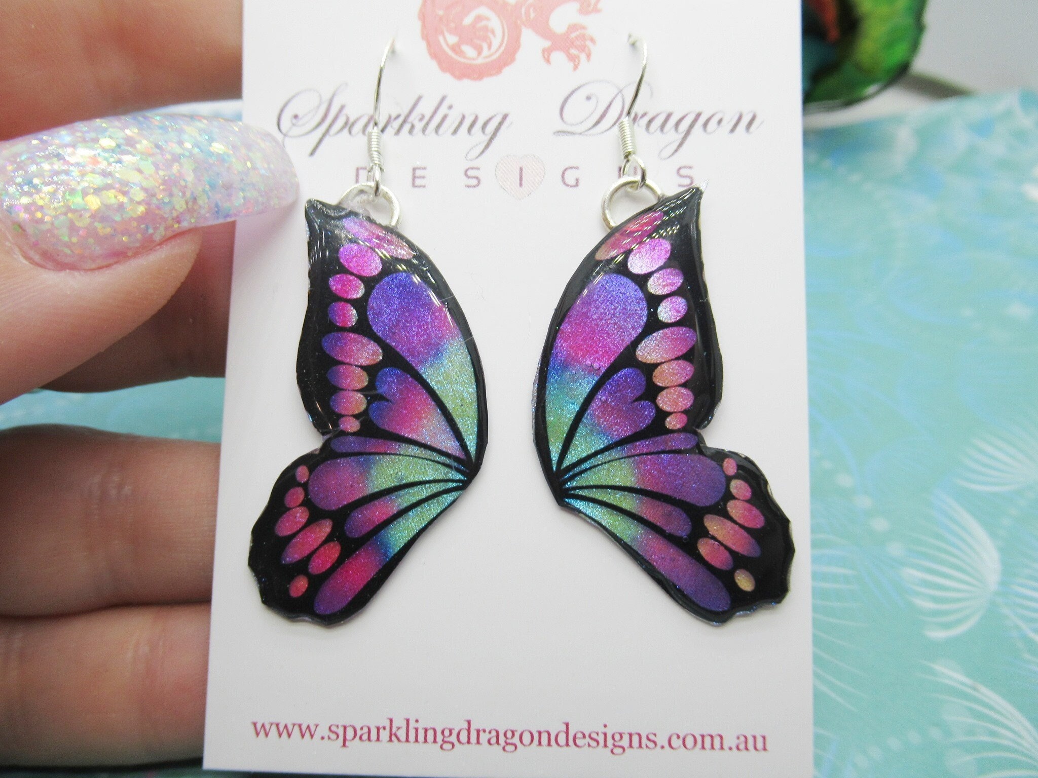 Butterfly Double Wing Earrings Purple & Blue - Fairy Jewellery, Fun Gift for her Fairy Wing Earrings - Sparkly - Resin with Glitter Finish