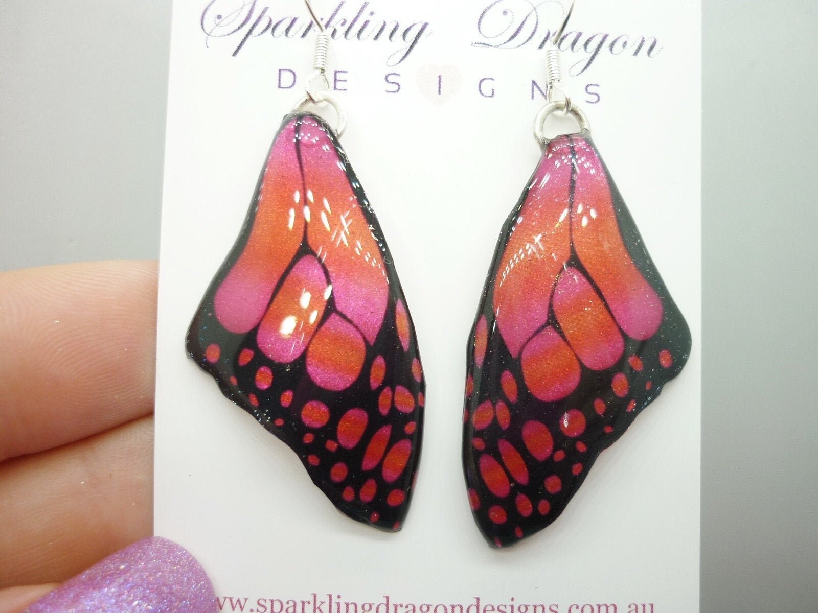 Butterfly Wing Large Size Earrings Soft Blue Stained Glass- Fairy Jewellery, Fairy Wing Earrings - Sparkly - Resin with Glitter Finish