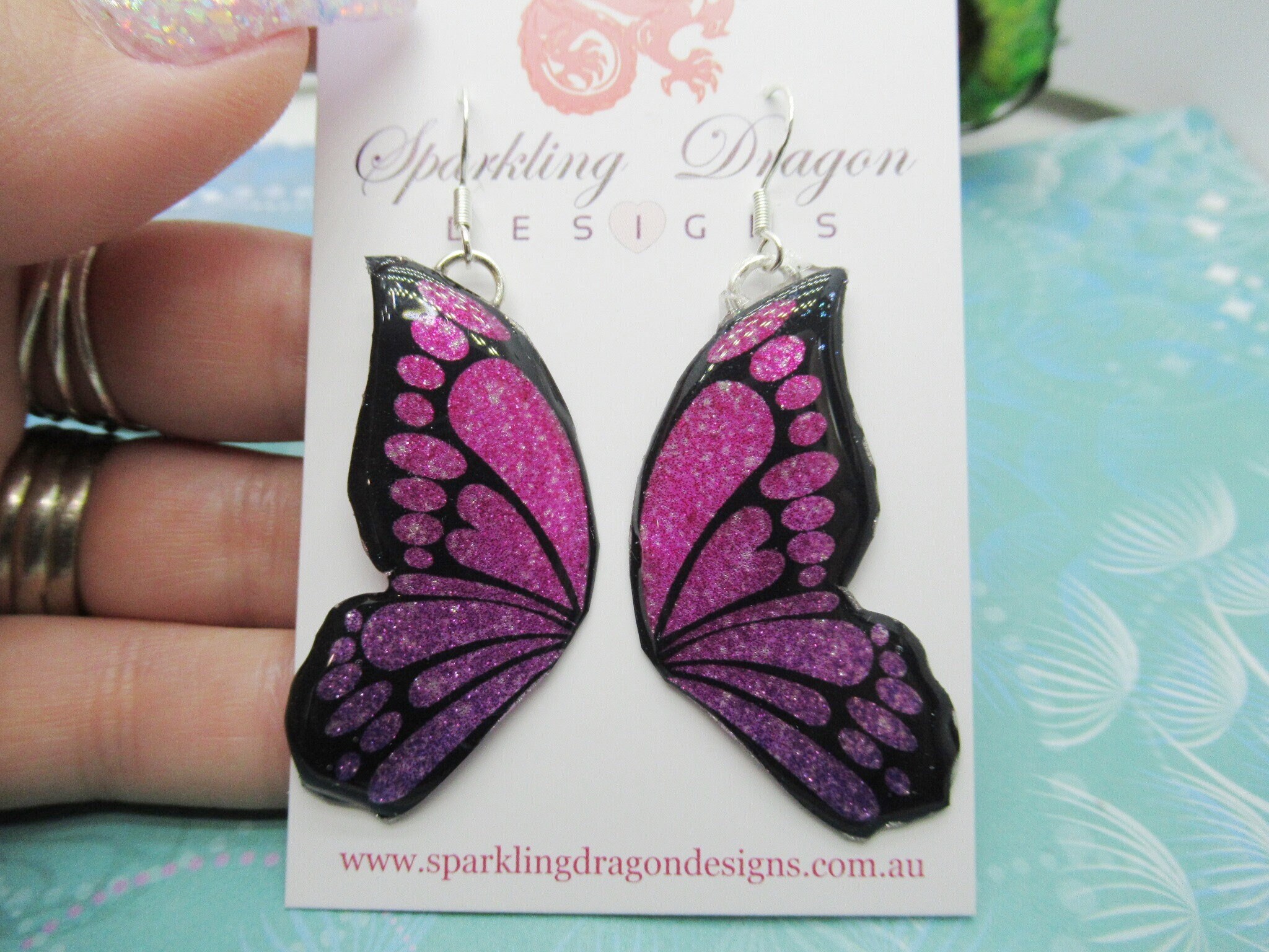 Butterfly Double Wing Earrings Pink - Fairy Jewellery, Fun Gift for her Fairy Wing Earrings - Sparkly - Resin with Glitter Finish - Image 2