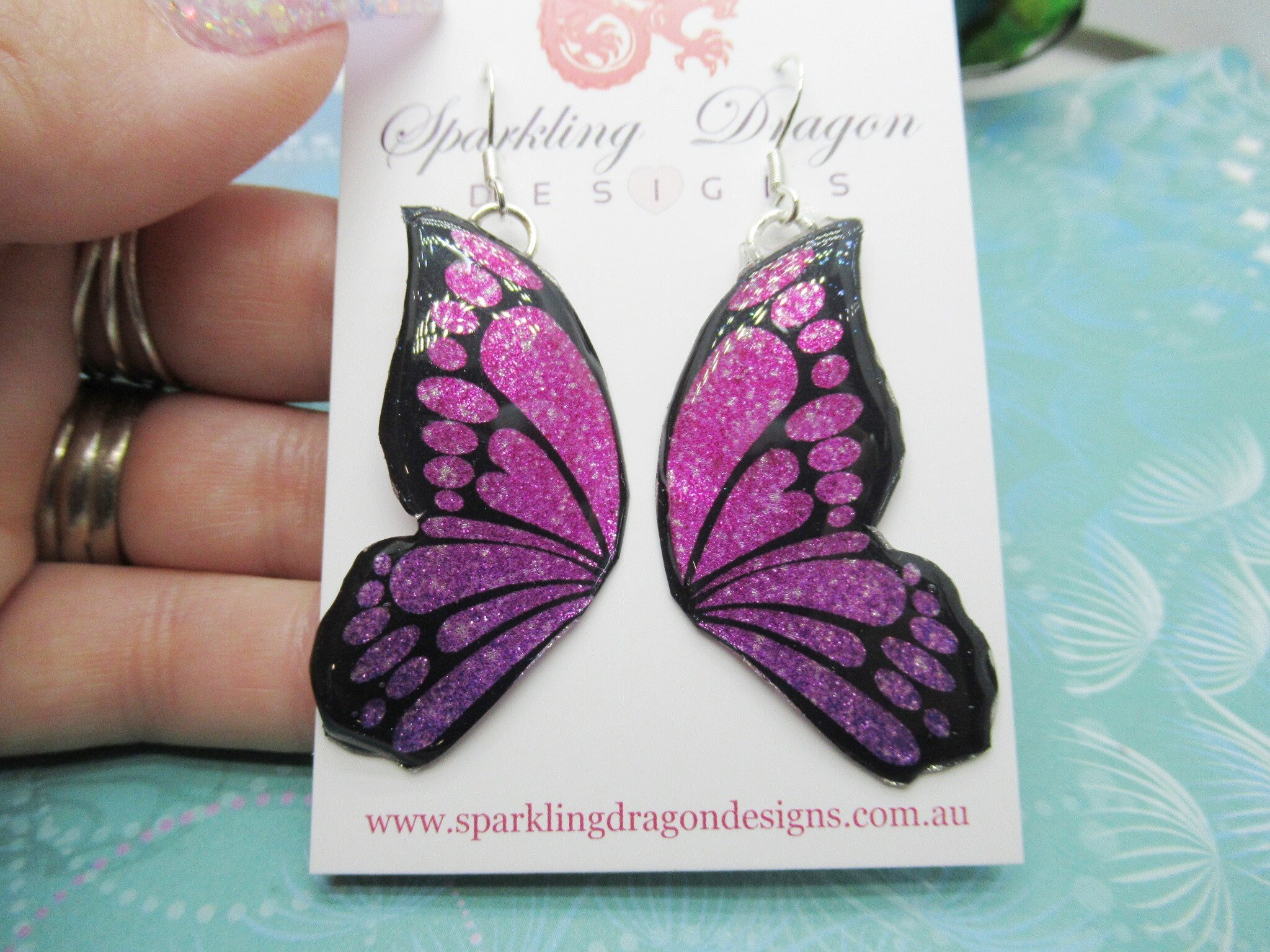 Butterfly Double Wing Earrings Pink - Fairy Jewellery, Fun Gift for her Fairy Wing Earrings - Sparkly - Resin with Glitter Finish