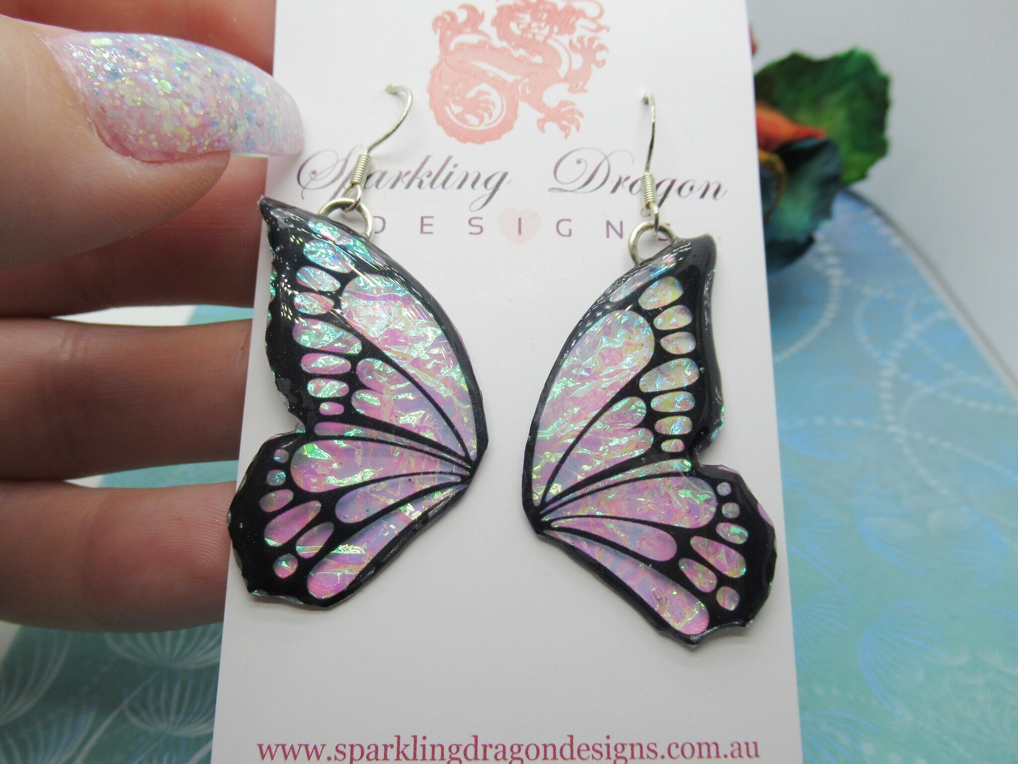 Shimmery Pink Green Butterfly Double Wing Earrings - Fairy Jewellery, Fun Gift Fairy Wing Earrings - Sparkly - Resin with Glitter Finish - Image 10