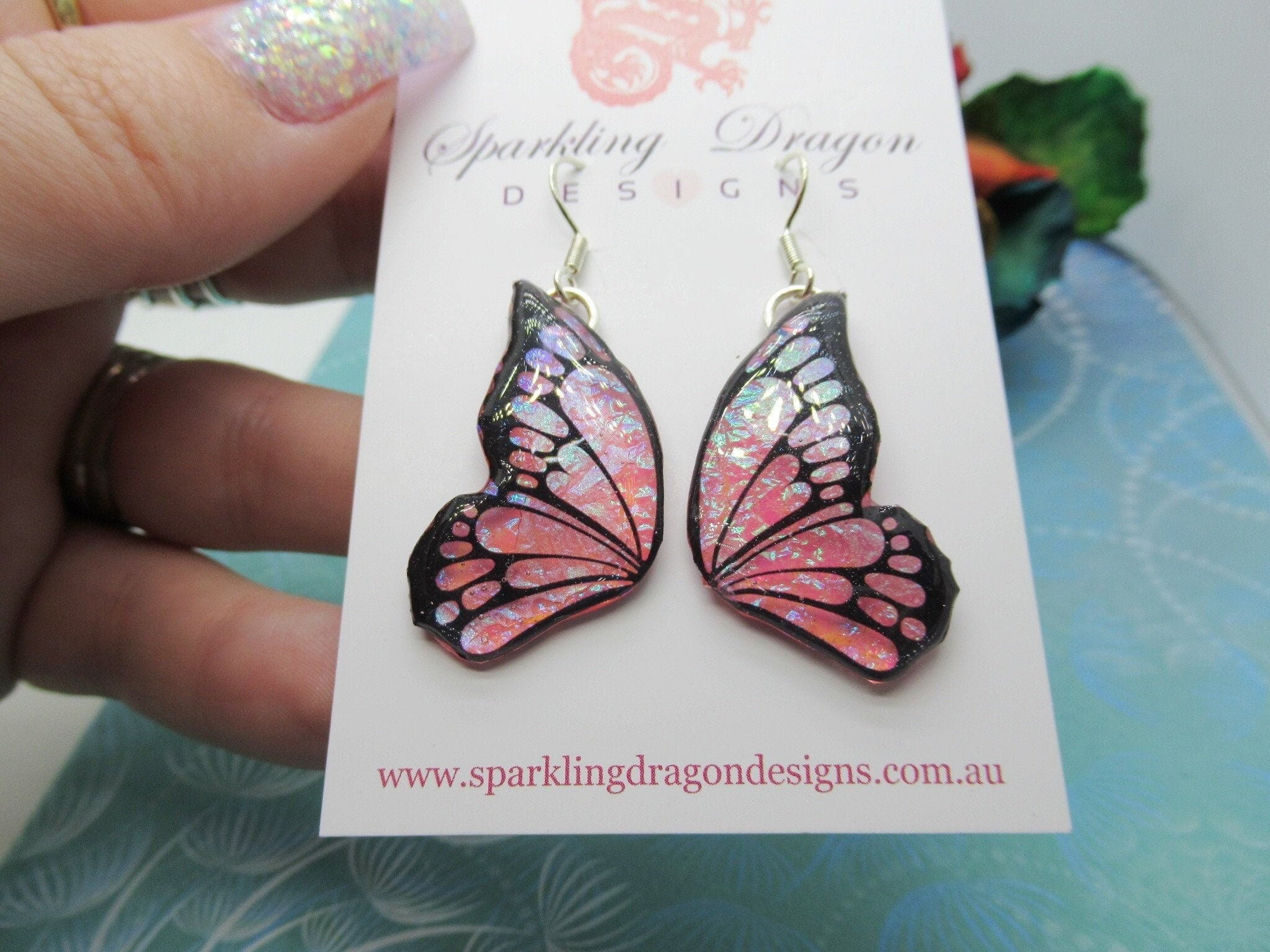 Shimmery Pink Green Butterfly Double Wing Earrings - Fairy Jewellery, Fun Gift Fairy Wing Earrings - Sparkly - Resin with Glitter Finish
