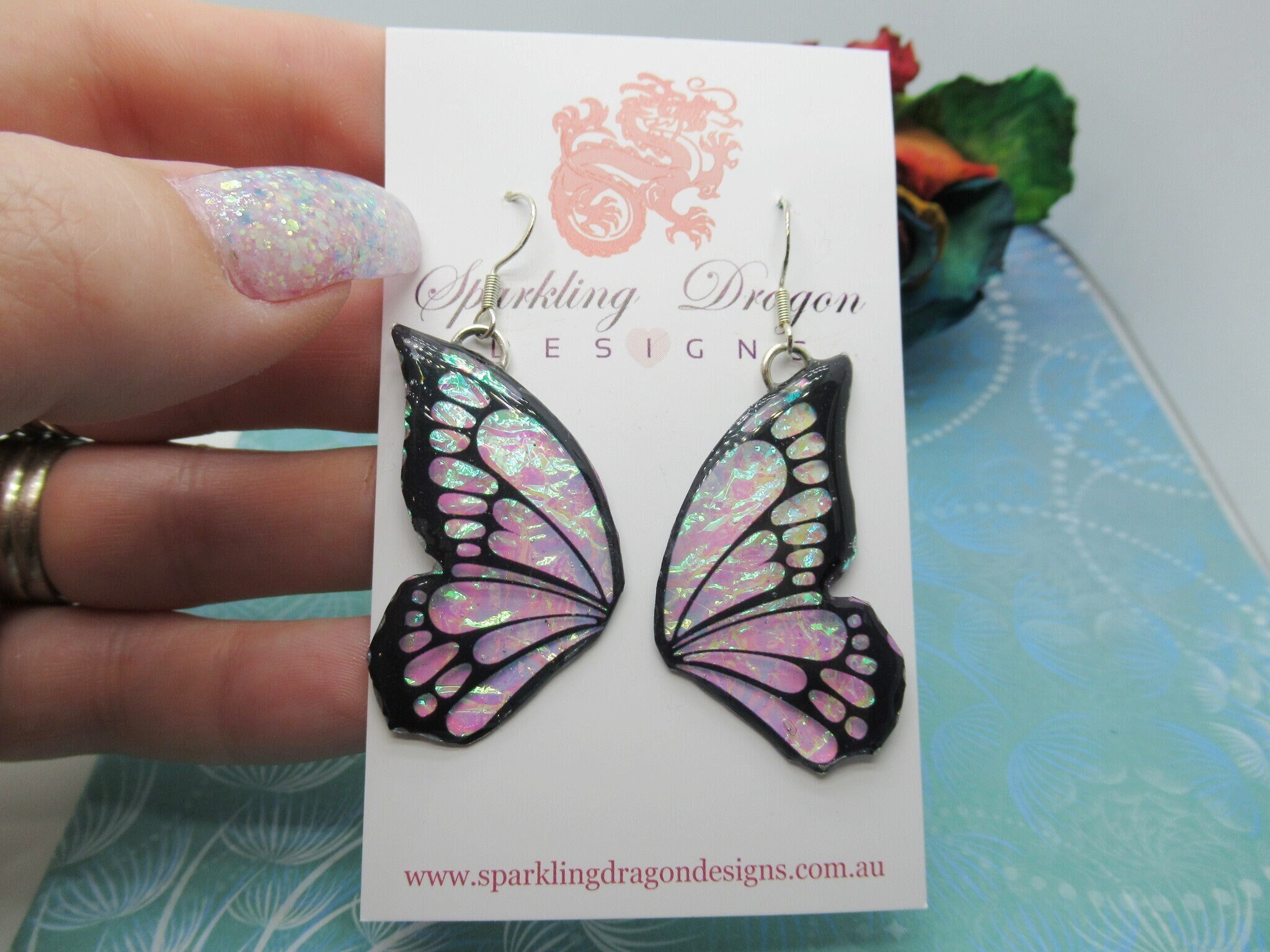 Shimmery Pink Green Butterfly Double Wing Earrings - Fairy Jewellery, Fun Gift Fairy Wing Earrings - Sparkly - Resin with Glitter Finish - Image 9