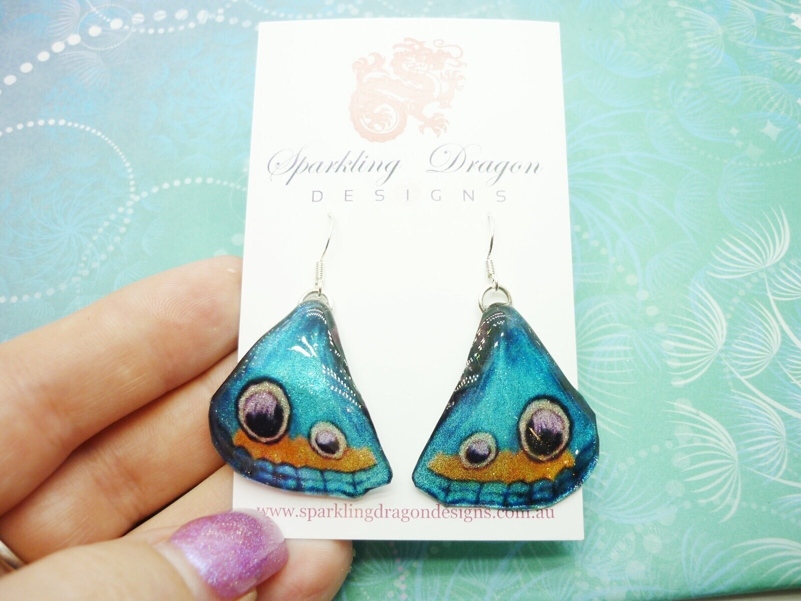 Butterfly Wing Blue Earrings - Fairy Jewellery, Fun Gift for her Fairy Wing Earrings - Sparkly - Rainbow Resin with Glitter Finish - Image 4