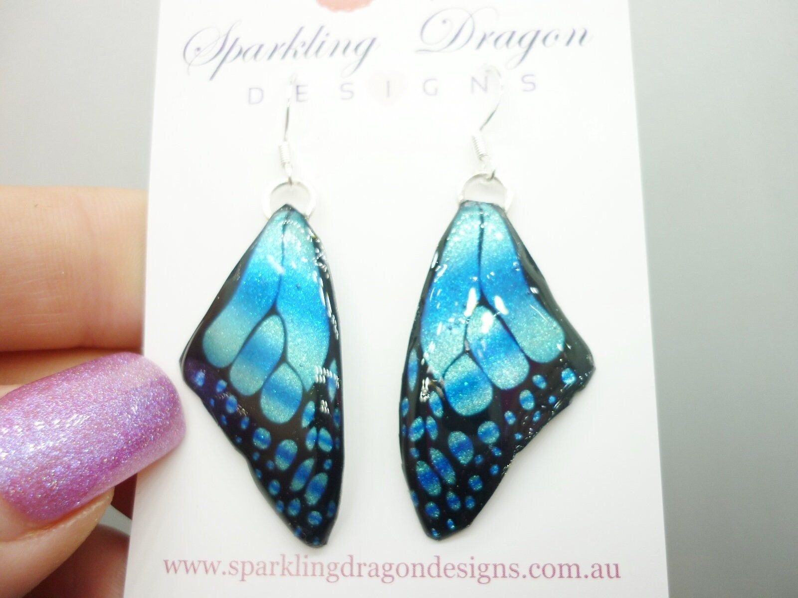 Butterfly Wing Medium Size Earrings Blue Stained Glass- Fairy Jewellery, Fairy Wing Earrings - Sparkly - Resin with Glitter Finish - Image 9