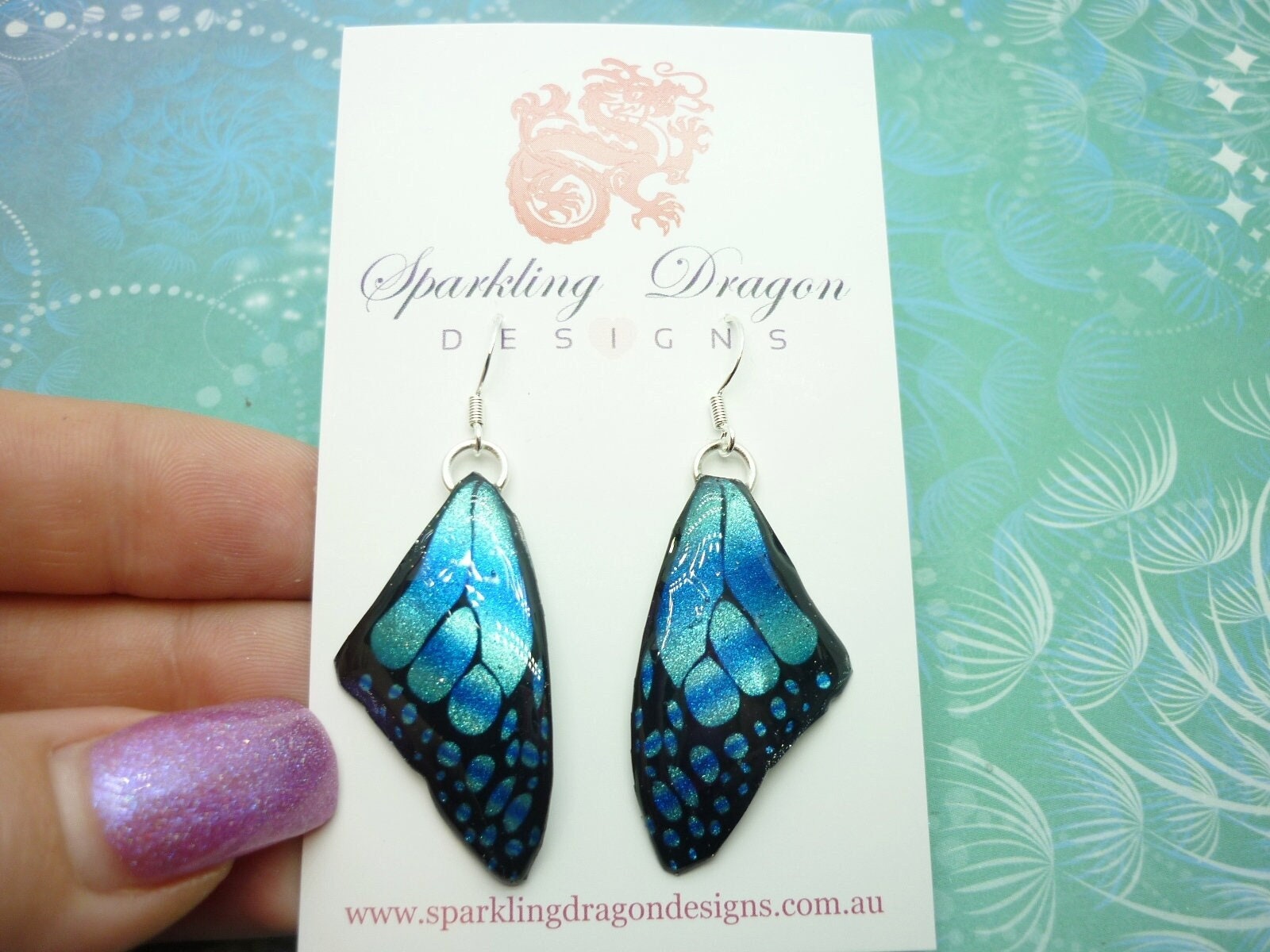 Butterfly Wing Medium Size Earrings Blue Stained Glass- Fairy Jewellery, Fairy Wing Earrings - Sparkly - Resin with Glitter Finish - Image 5