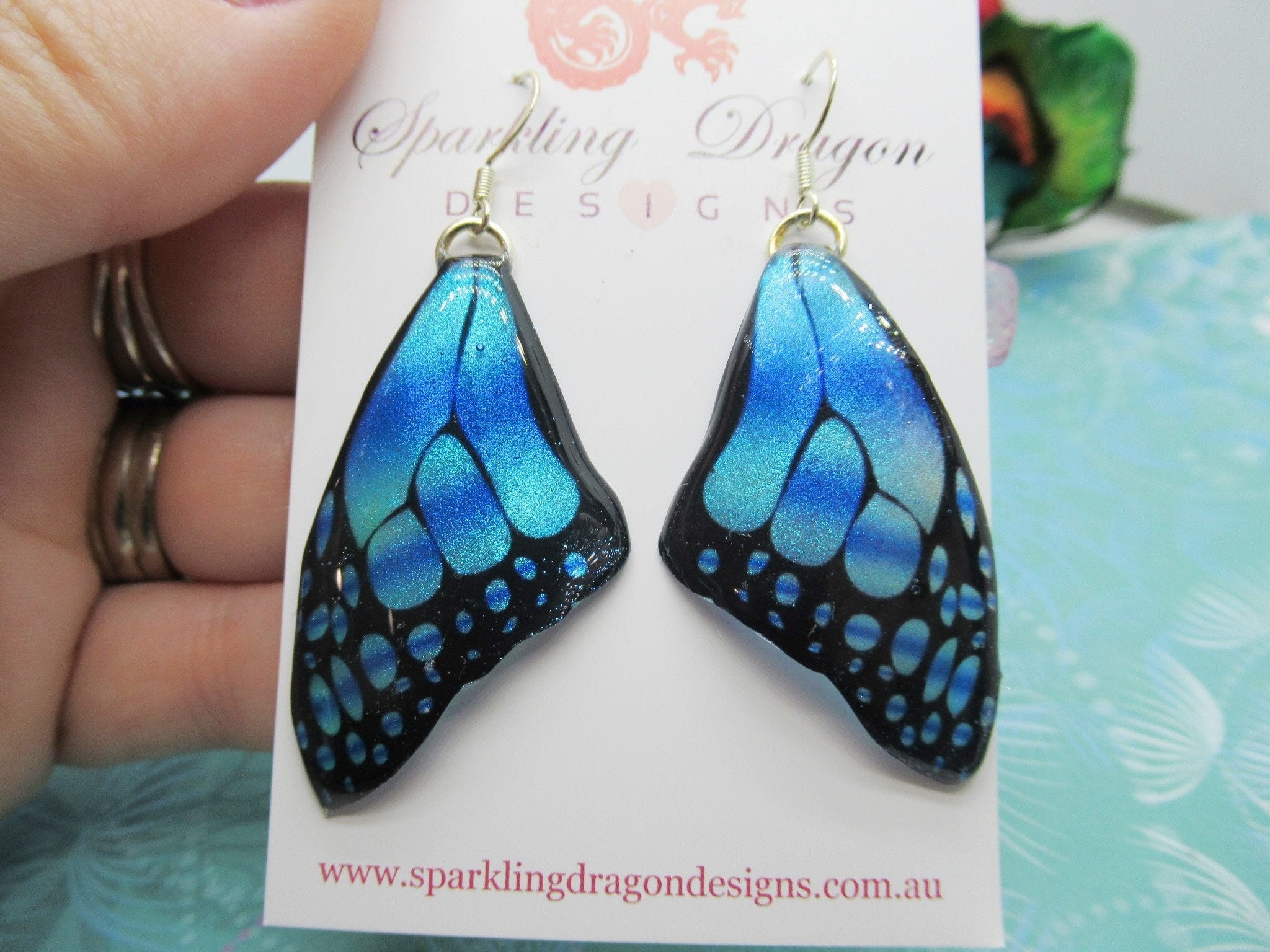 Butterfly Wing Medium Size Earrings Blue Stained Glass- Fairy Jewellery, Fairy Wing Earrings - Sparkly - Resin with Glitter Finish