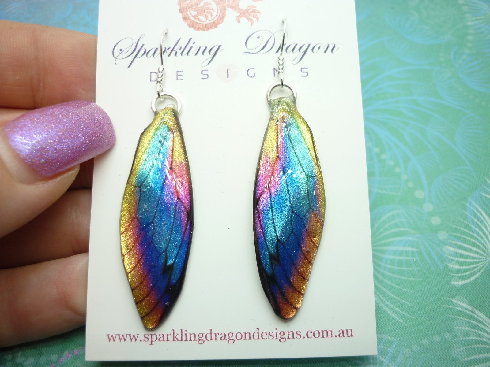 Butterfly Wing Earrings - Fairy Jewellery, Fun Gift for her Fairy Wing Earrings - Sparkly - Rainbow Resin with Glitter Finish Dragonfly - Image 7