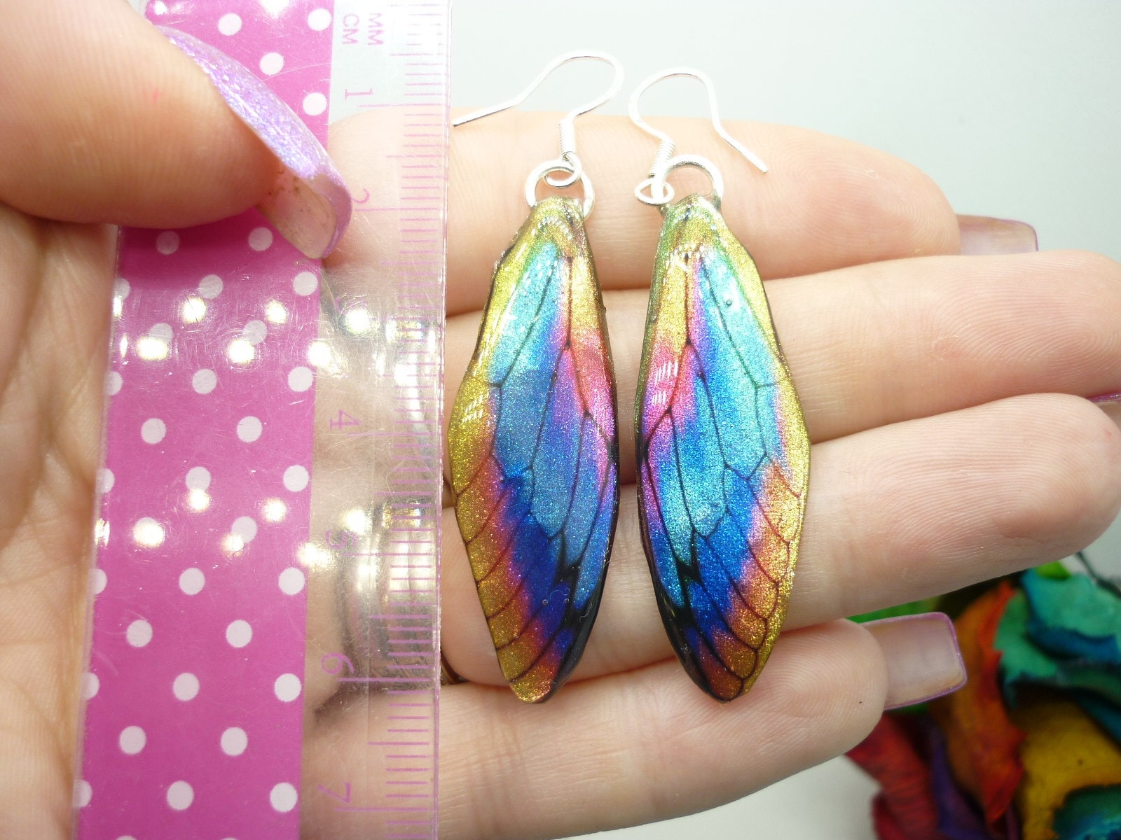 Butterfly Wing Earrings - Fairy Jewellery, Fun Gift for her Fairy Wing Earrings - Sparkly - Rainbow Resin with Glitter Finish Dragonfly - Image 5