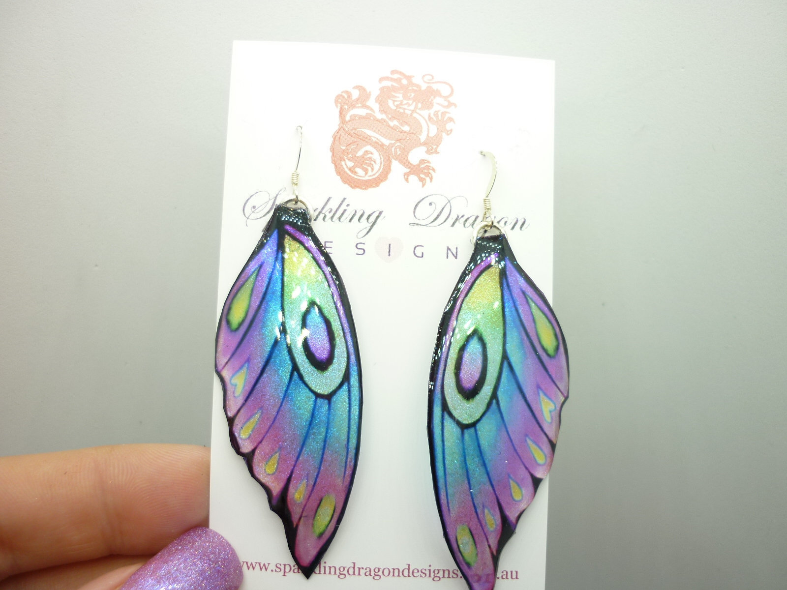Butterfly Wing Earrings Pale Blue Purple Green Fairy Jewellery, Fun Gift for her Fairy Wing Earrings - Sparkly - Resin with Glitter Finish - Image 4