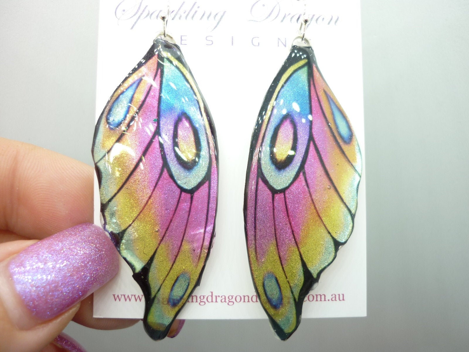 Butterfly Wing Earrings - Pale Rainbow Fairy Jewellery, Fun Gift for her Fairy Wing Earrings - Sparkly - Rainbow Resin with Glitter Finish - Image 4