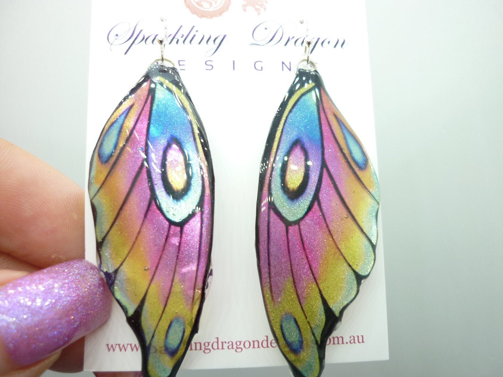Butterfly Wing Earrings - Pale Rainbow Fairy Jewellery, Fun Gift for her Fairy Wing Earrings - Sparkly - Rainbow Resin with Glitter Finish - Image 5