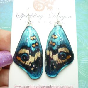 Butterfly Wing Big Earrings Blue & Yellow - Fairy Jewellery, Fun Gift for her Fairy Wing Earrings - Sparkly - Resin with Glitter Finish