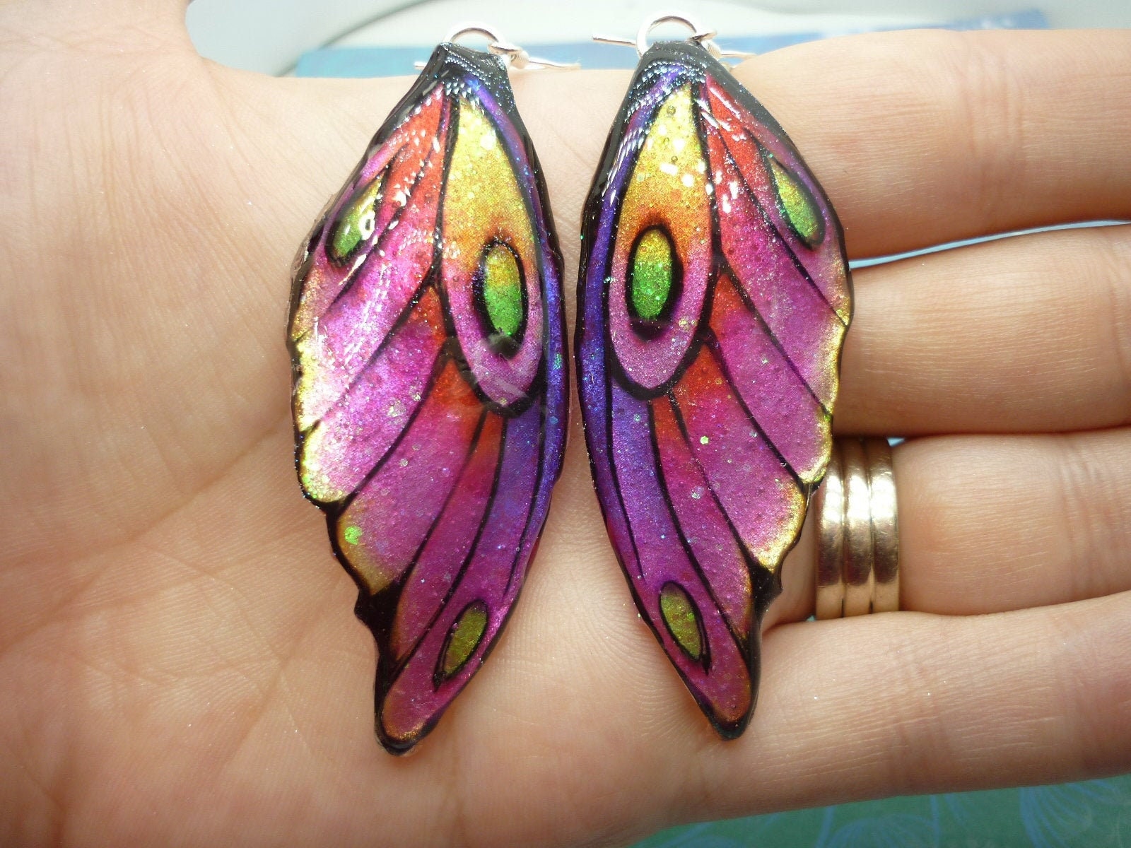 Butterfly Wing Earrings Pink and Yellow Fairy Jewellery, Fun Gift for her Fairy Wing Earrings - Sparkly - Resin with Glitter Finish - Image 5