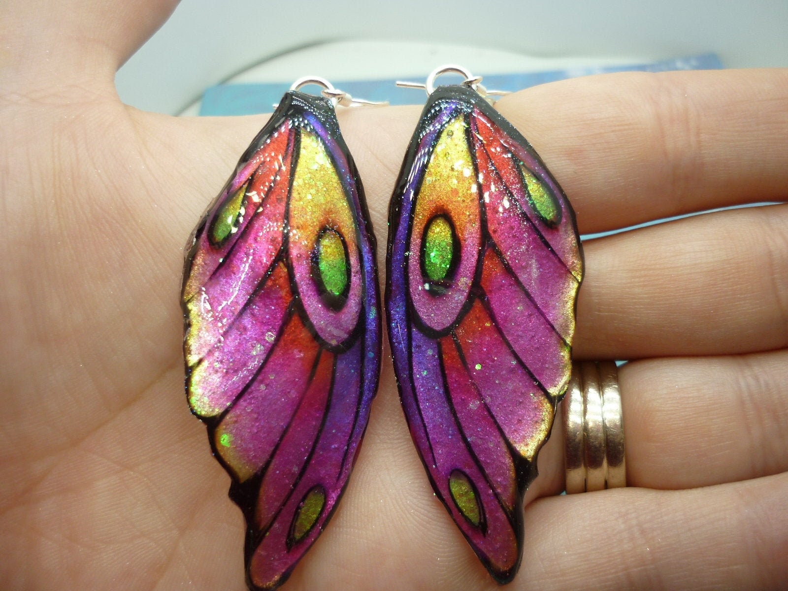 Butterfly Wing Earrings Pink and Yellow Fairy Jewellery, Fun Gift for her Fairy Wing Earrings - Sparkly - Resin with Glitter Finish - Image 4