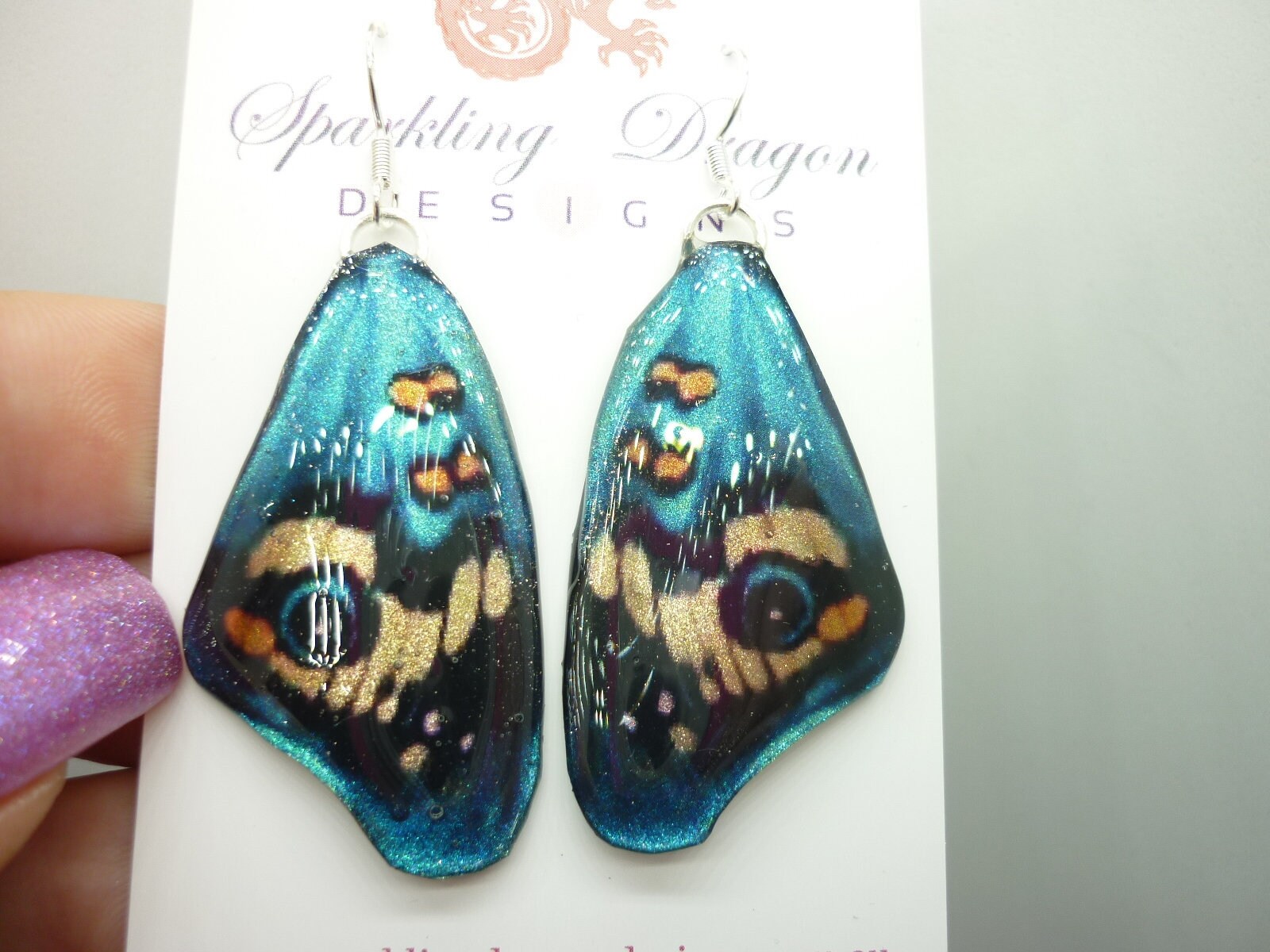 Butterfly Wing Big Earrings Blue & Yellow - Fairy Jewellery, Fun Gift for her Fairy Wing Earrings - Sparkly - Resin with Glitter Finish - Image 6