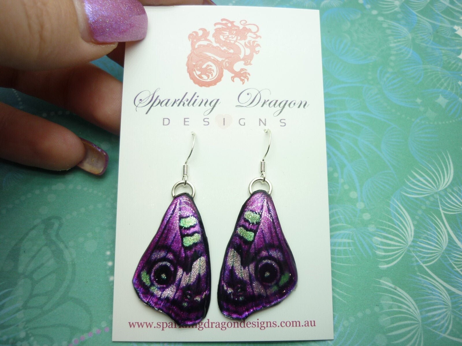 Butterfly Wing Medium Earrings Purple Green - Fairy Jewellery, Fun Gift for her Fairy Wing Earrings - Sparkly - Resin with Glitter Finish - Image 4