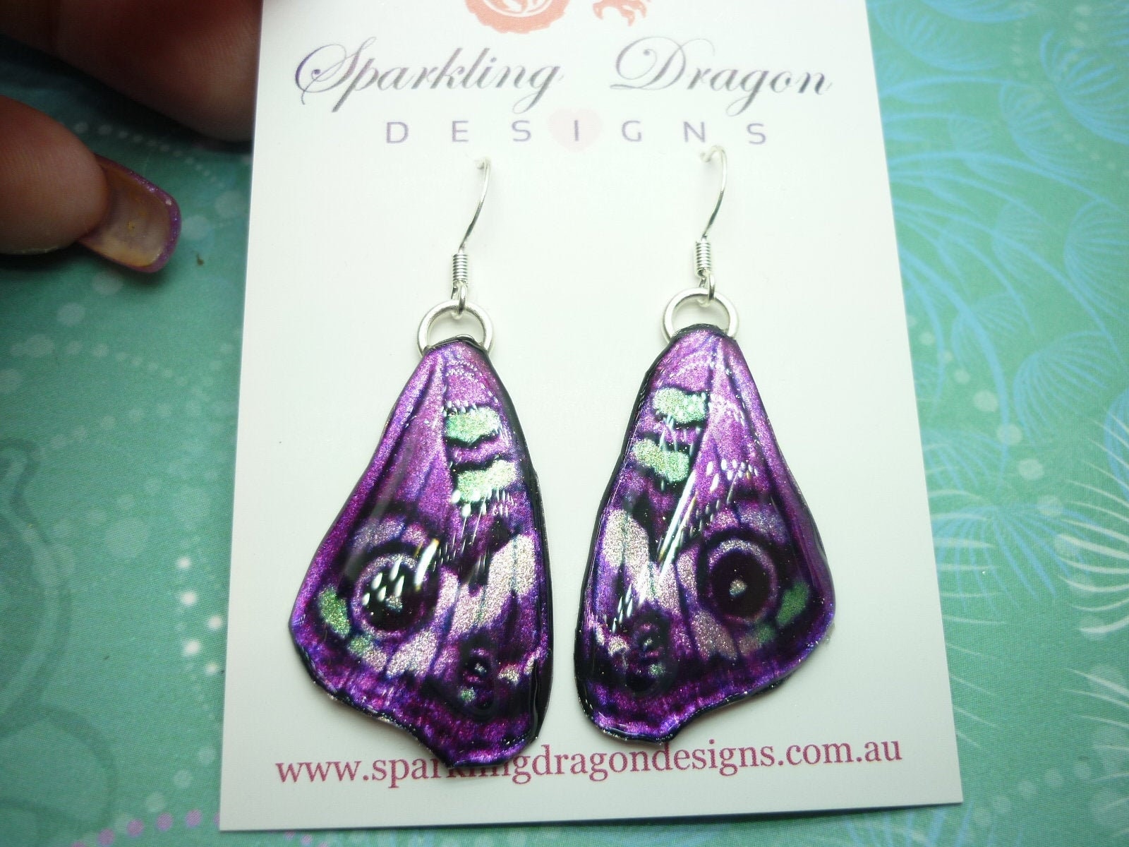 Butterfly Wing Medium Earrings Purple Green - Fairy Jewellery, Fun Gift for her Fairy Wing Earrings - Sparkly - Resin with Glitter Finish
