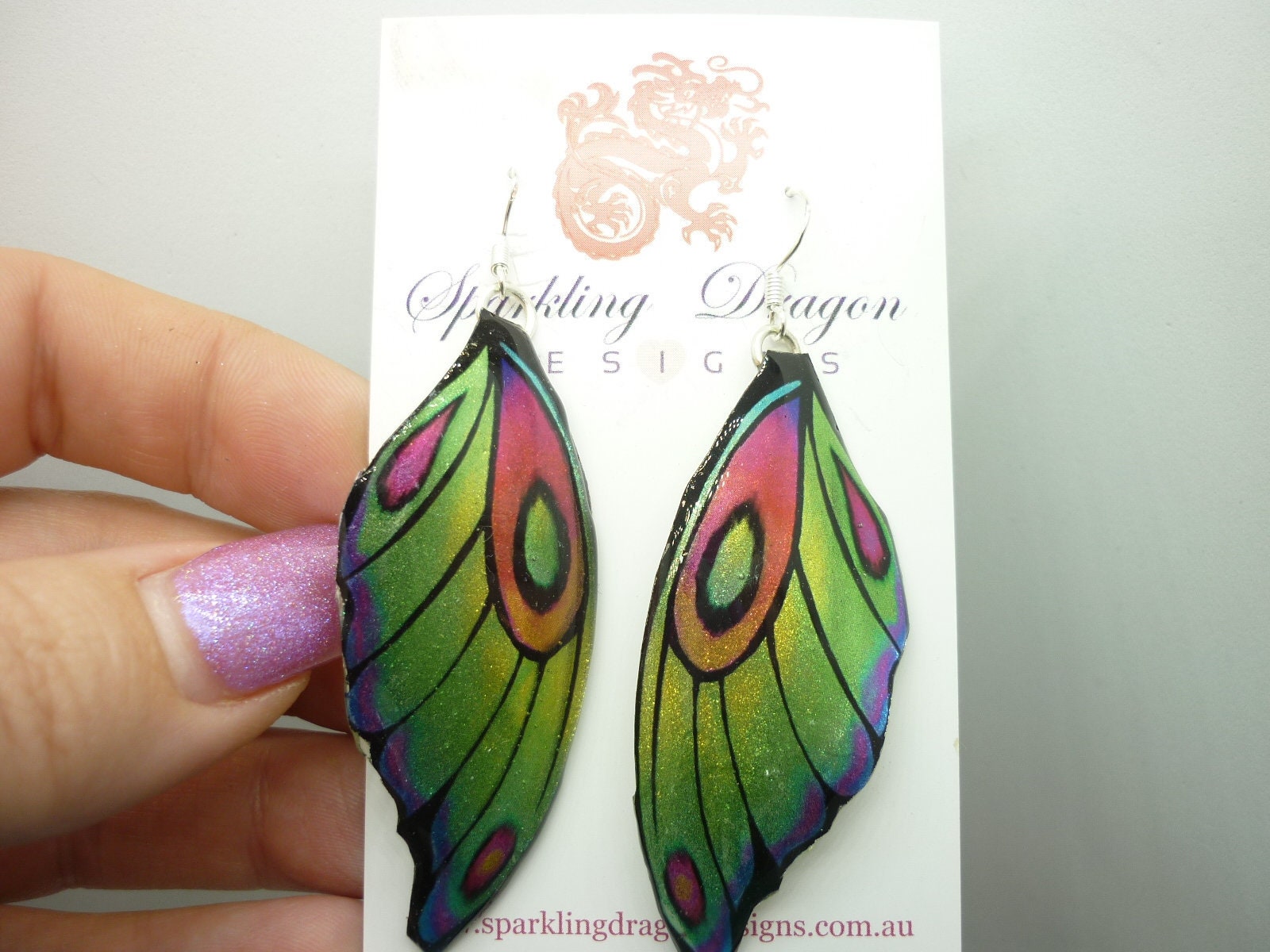 Butterfly Wing Earrings Green Yellow - Fairy Jewellery, Fun Gift for her Fairy Wing Earrings - Sparkly - Rainbow Resin with Glitter Finish - Image 3
