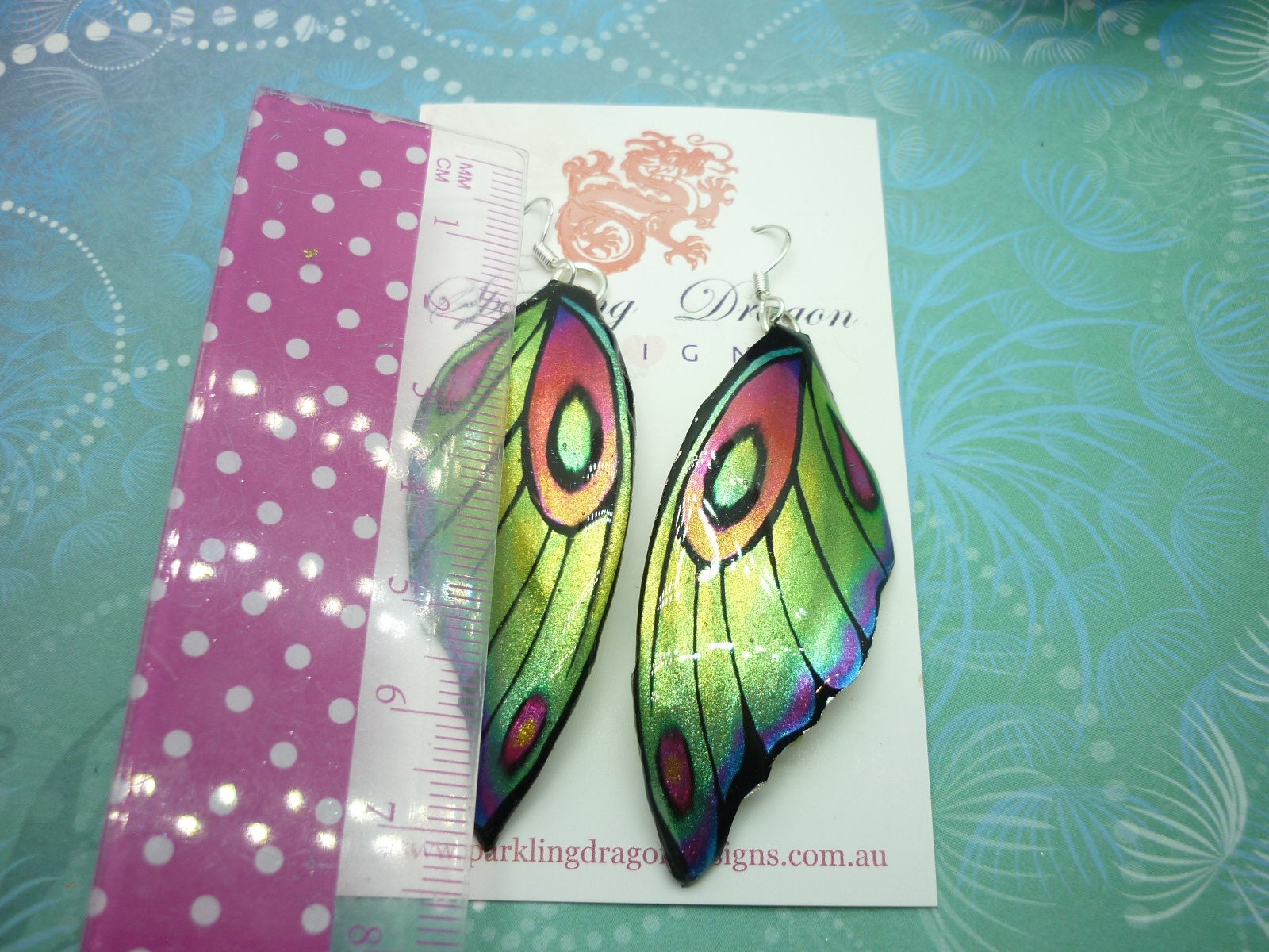 Butterfly Wing Earrings Green Yellow - Fairy Jewellery, Fun Gift for her Fairy Wing Earrings - Sparkly - Rainbow Resin with Glitter Finish - Image 4