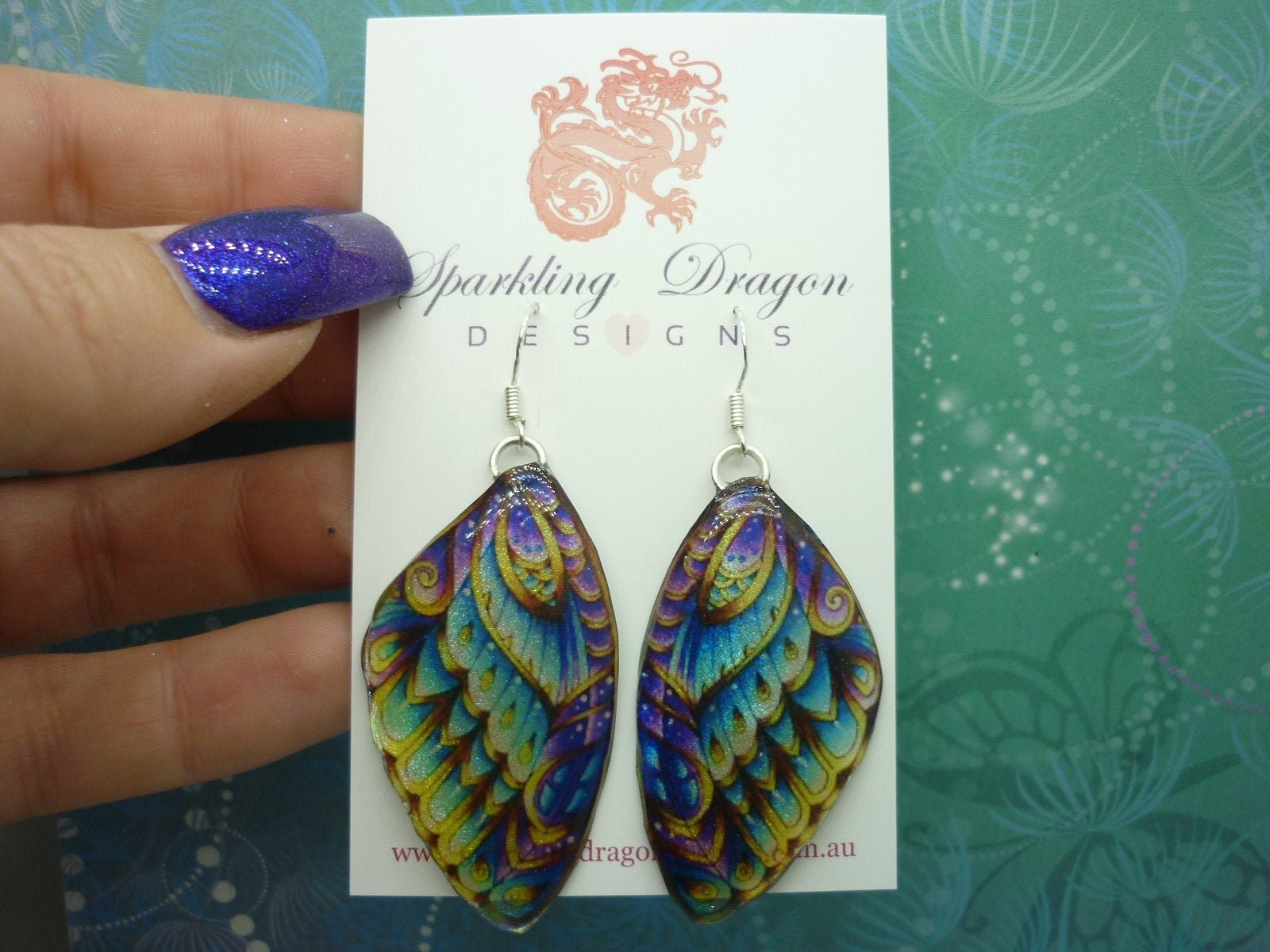 Butterfly Wing Earrings Yellow Purple & Green - Fairy Jewellery, Fun Gift for her Fairy Wing Earrings - Sparkly - Resin with Glitter Finish - Image 2