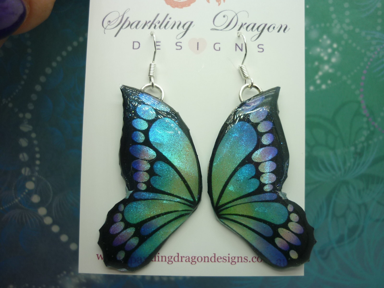 Butterfly Double Wing Earrings Purple & Blue - Fairy Jewellery, Fun Gift for her Fairy Wing Earrings - Sparkly - Resin with Glitter Finish