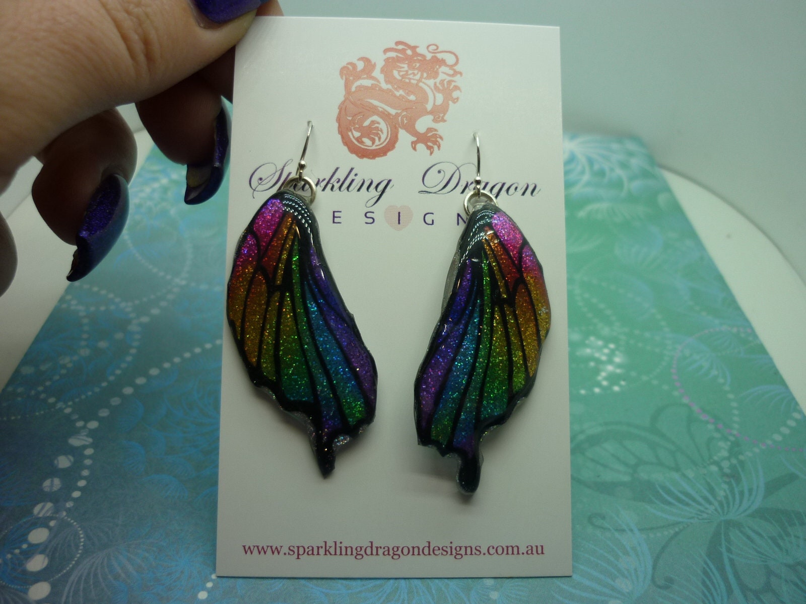 Butterfly Wing Earrings Sparkling Rainbow - Fairy Jewellery, Fun Gift for her Fairy Wing Earrings - Sparkly - Resin with Glitter Finish - Image 2