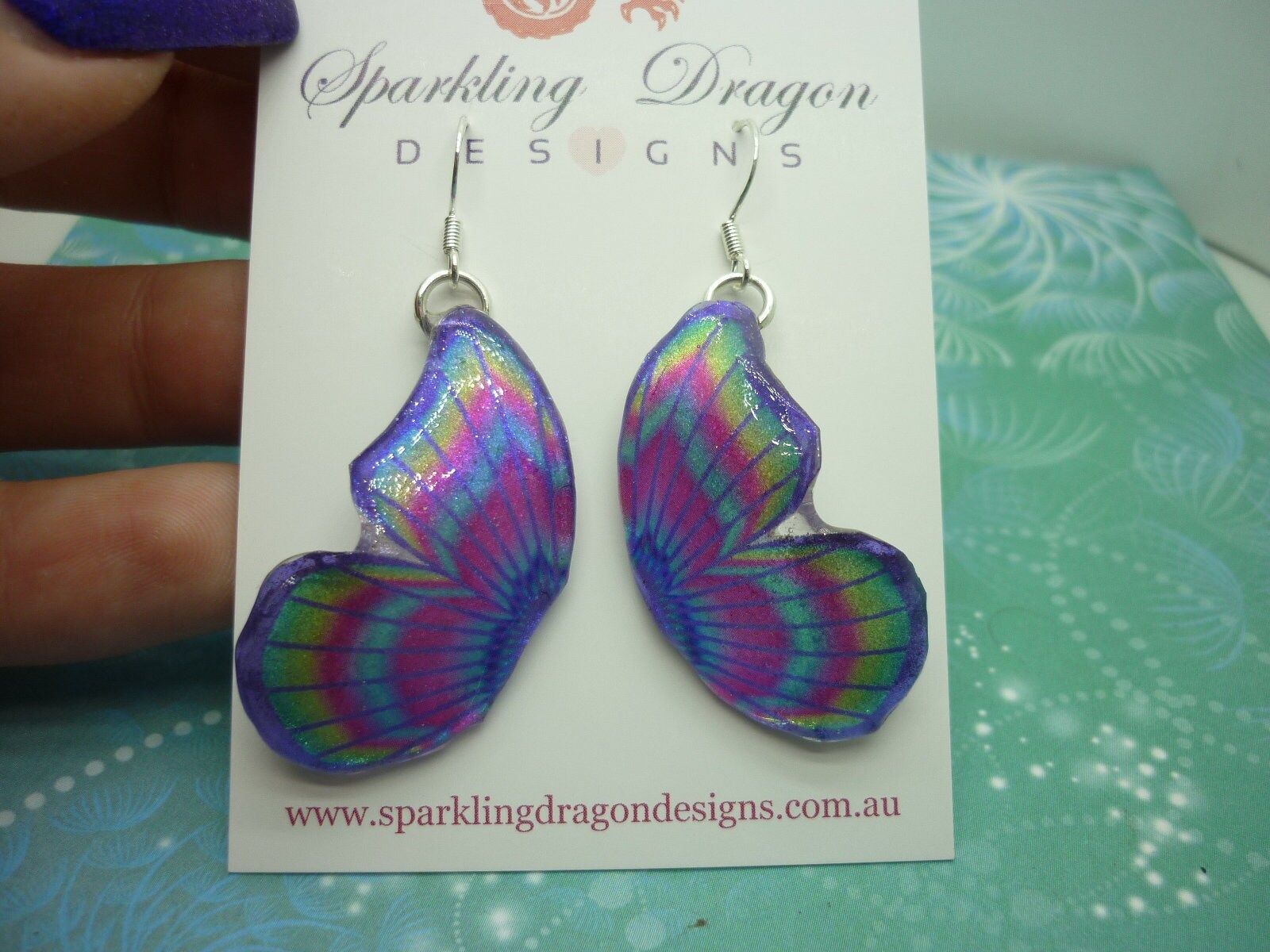 Butterfly Double Wing Earrings Purple & Pink - Fairy Jewellery, Fun Gift for her Fairy Wing Earrings - Sparkly - Resin with Glitter Finish - Image 2