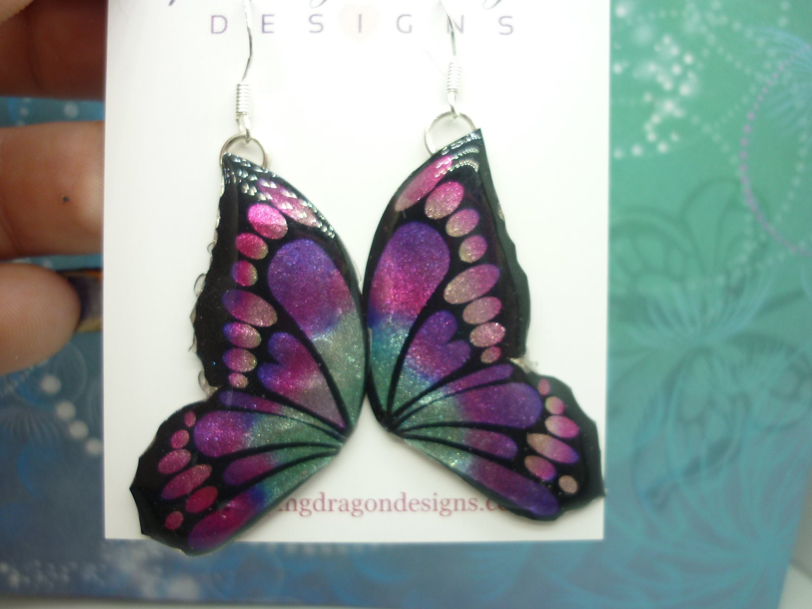 Butterfly Double Wing Earrings Purple & Pink - Fairy Jewellery, Fun Gift for her Fairy Wing Earrings - Sparkly - Resin with Glitter Finish - Image 2