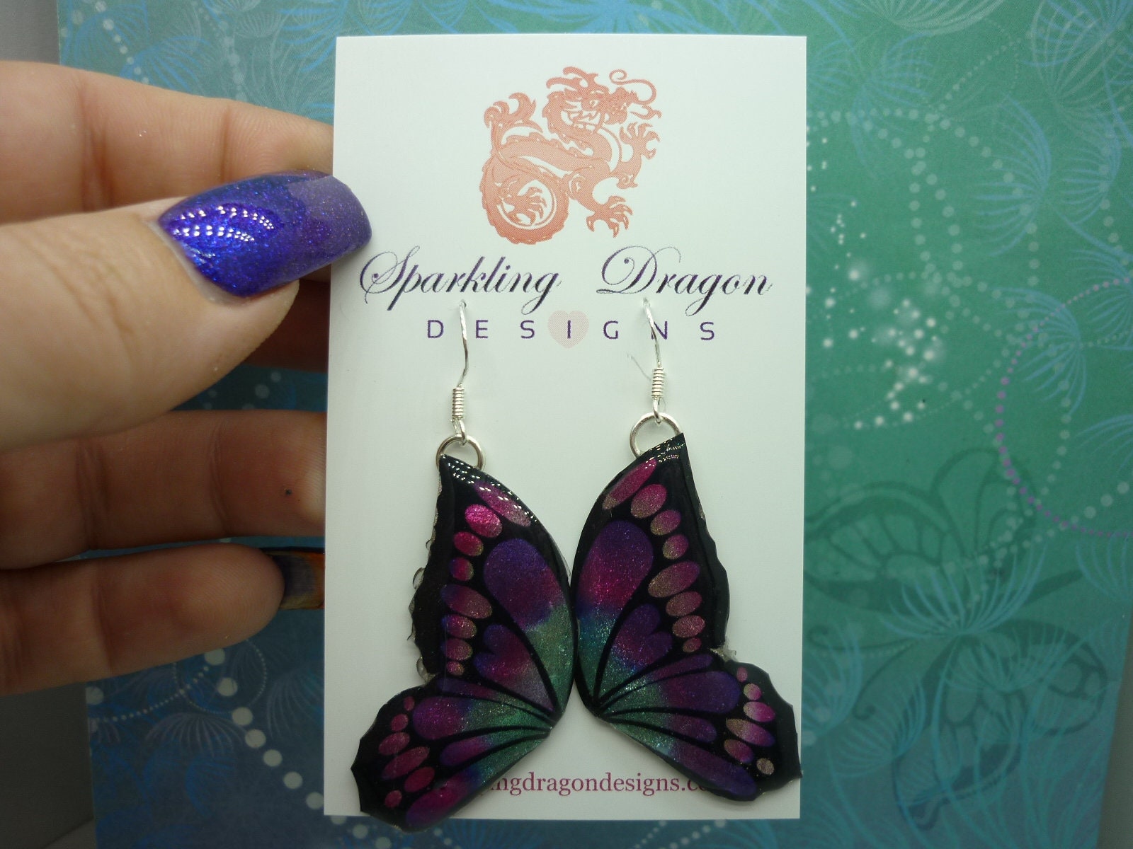 Butterfly Double Wing Earrings Purple & Pink - Fairy Jewellery, Fun Gift for her Fairy Wing Earrings - Sparkly - Resin with Glitter Finish - Image 3