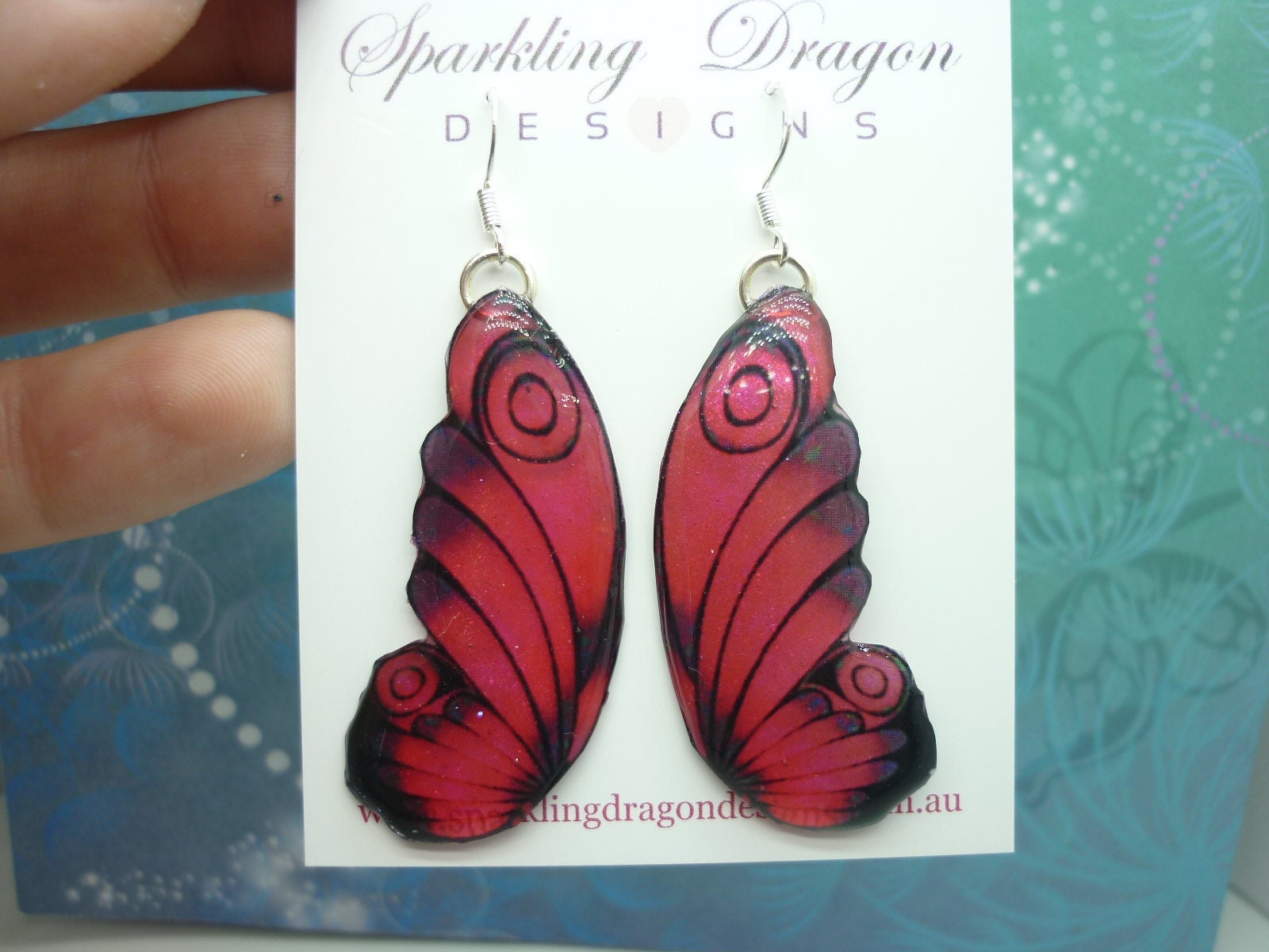 Butterfly Double Wing Earrings Red & Black - Fairy Jewellery, Fun Gift for her Fairy Wing Earrings - Sparkly - Resin with Glitter Finish