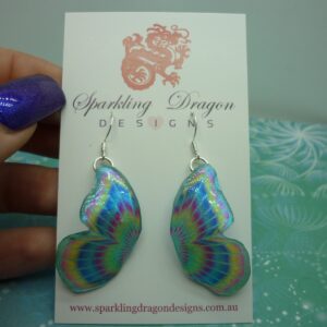 Butterfly Double Wing Earrings Pale Blue Rainbow- Fairy Jewellery, Fun Gift for her Statement Present Sparkly - Resin with Glitter Finish