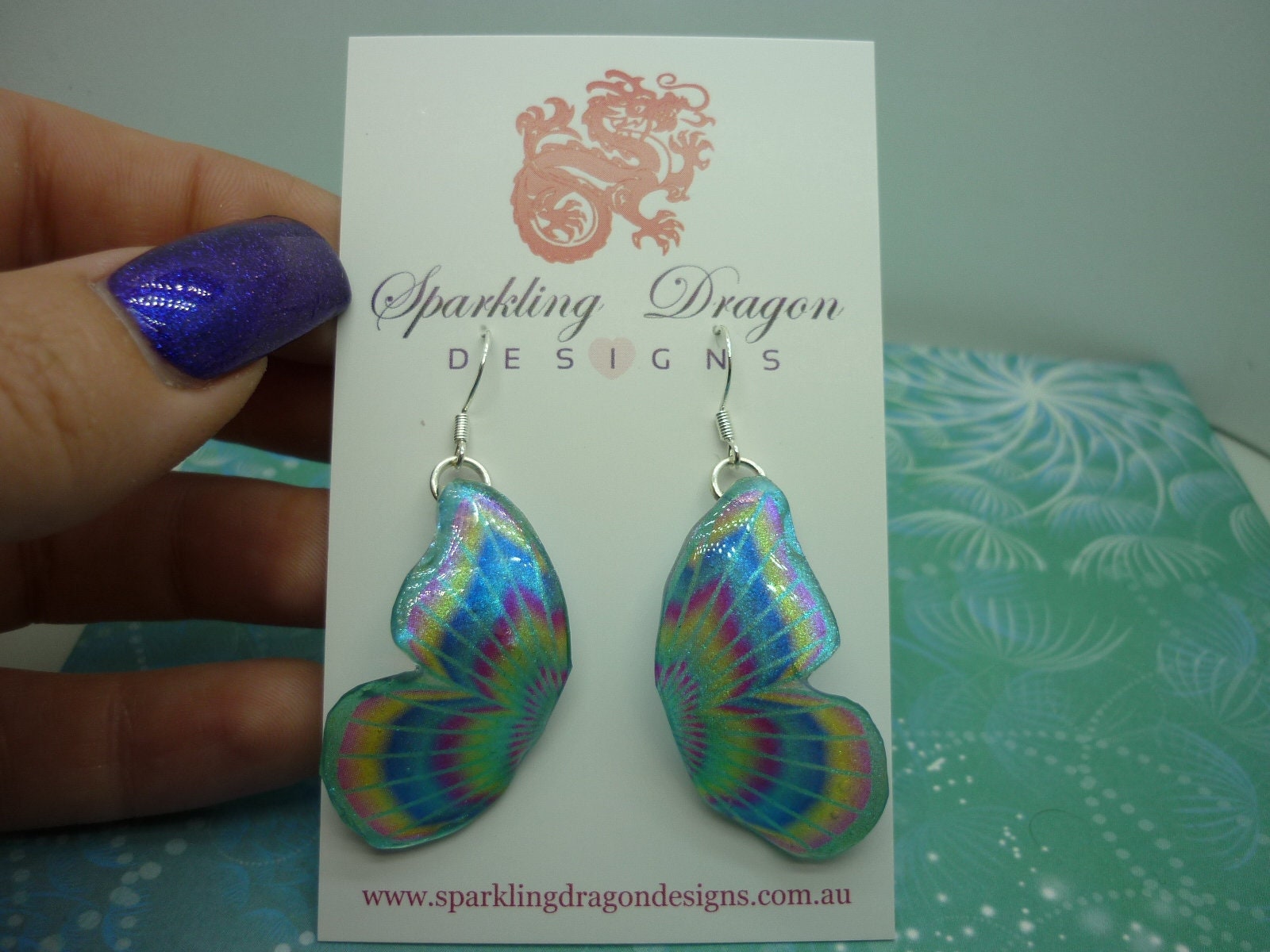 Butterfly Double Wing Earrings Pale Blue Rainbow- Fairy Jewellery, Fun Gift for her Statement Present Sparkly - Resin with Glitter Finish