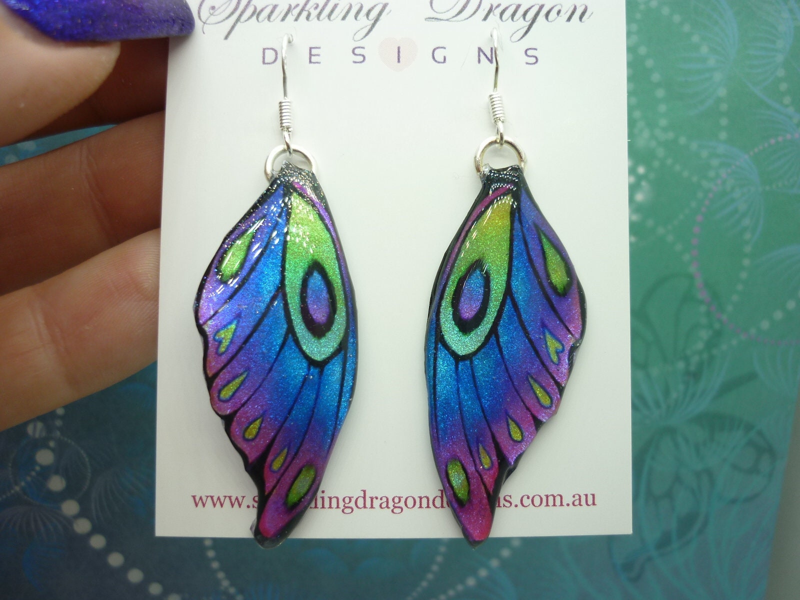Butterfly Wing Earrings Purple Blue & Pink - Fairy Jewellery, Fun Gift for her Fairy Wing Earrings - Sparkly - Resin with Glitter Finish