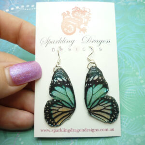 Butterfly Double Wing Earrings Blue and Yellow - Fairy Jewellery, Fun Gift for her Statement Present Sparkly - Resin with Glitter Finish