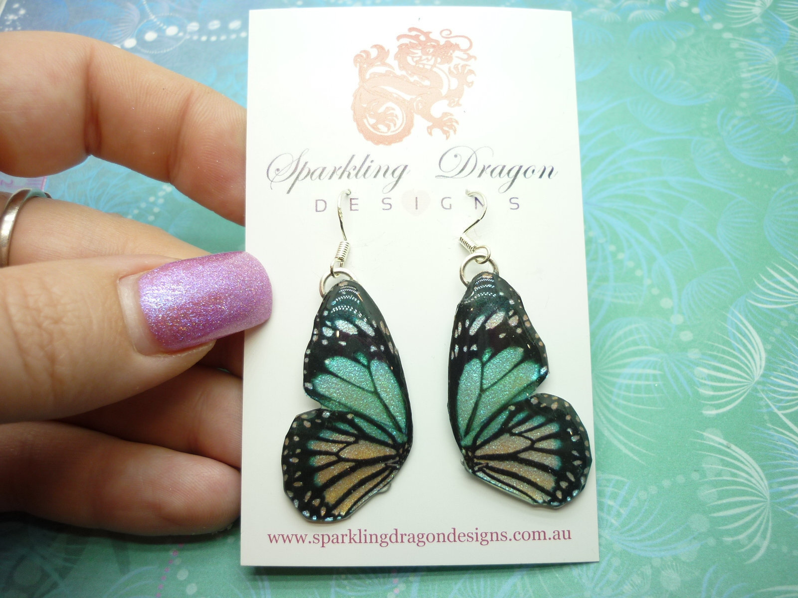 Butterfly Double Wing Earrings Blue and Yellow - Fairy Jewellery, Fun Gift for her Statement Present Sparkly - Resin with Glitter Finish