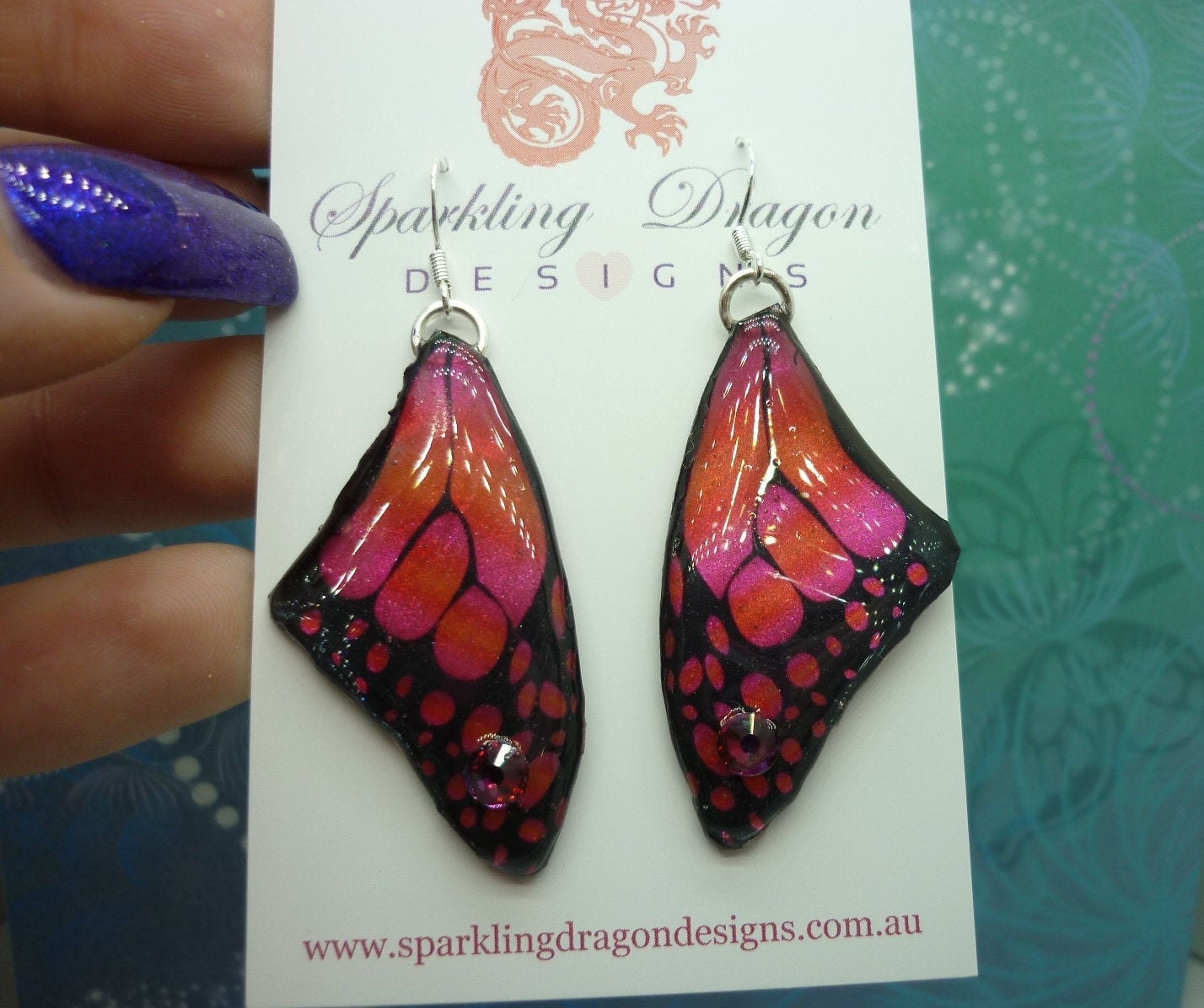 Butterfly Wing Earrings Swarovski Jeweled Red Pink & Orange - Fairy Jewellery, Fairy Wing Earrings - Sparkly Resin with Glitter Finish