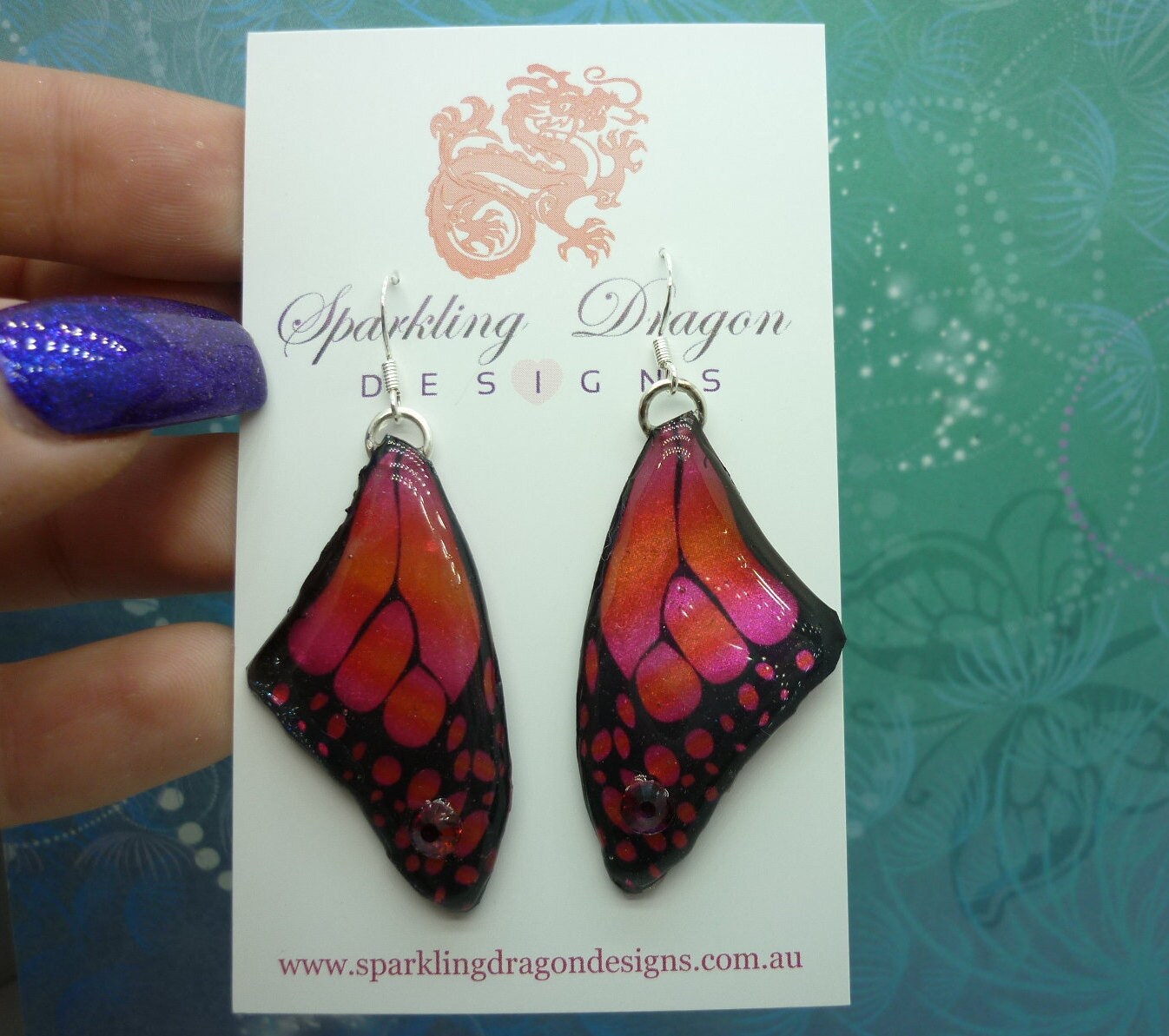 Butterfly Wing Earrings Swarovski Jeweled Red Pink & Orange - Fairy Jewellery, Fairy Wing Earrings - Sparkly Resin with Glitter Finish - Image 2