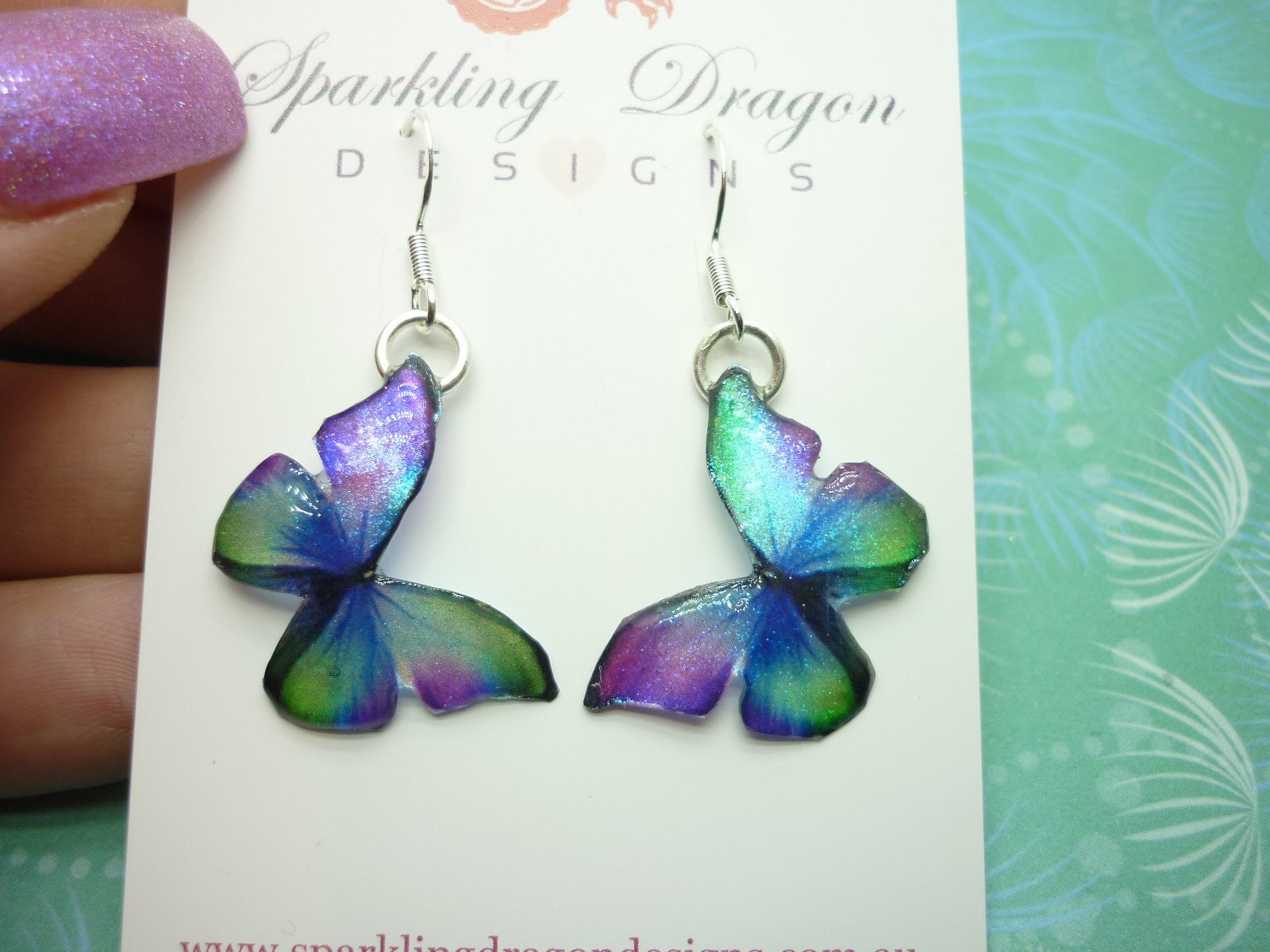 Little Butterfly Earrings Green, Blue, Purple - Fairy Jewellery, Fun Gift for her Fairy Wing Earrings - Sparkly - Resin with Glitter Finish - Image 3