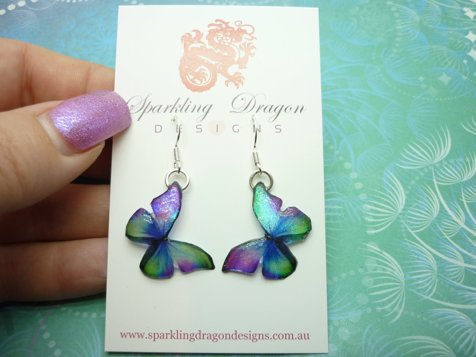 Little Butterfly Earrings Green, Blue, Purple - Fairy Jewellery, Fun Gift for her Fairy Wing Earrings - Sparkly - Resin with Glitter Finish