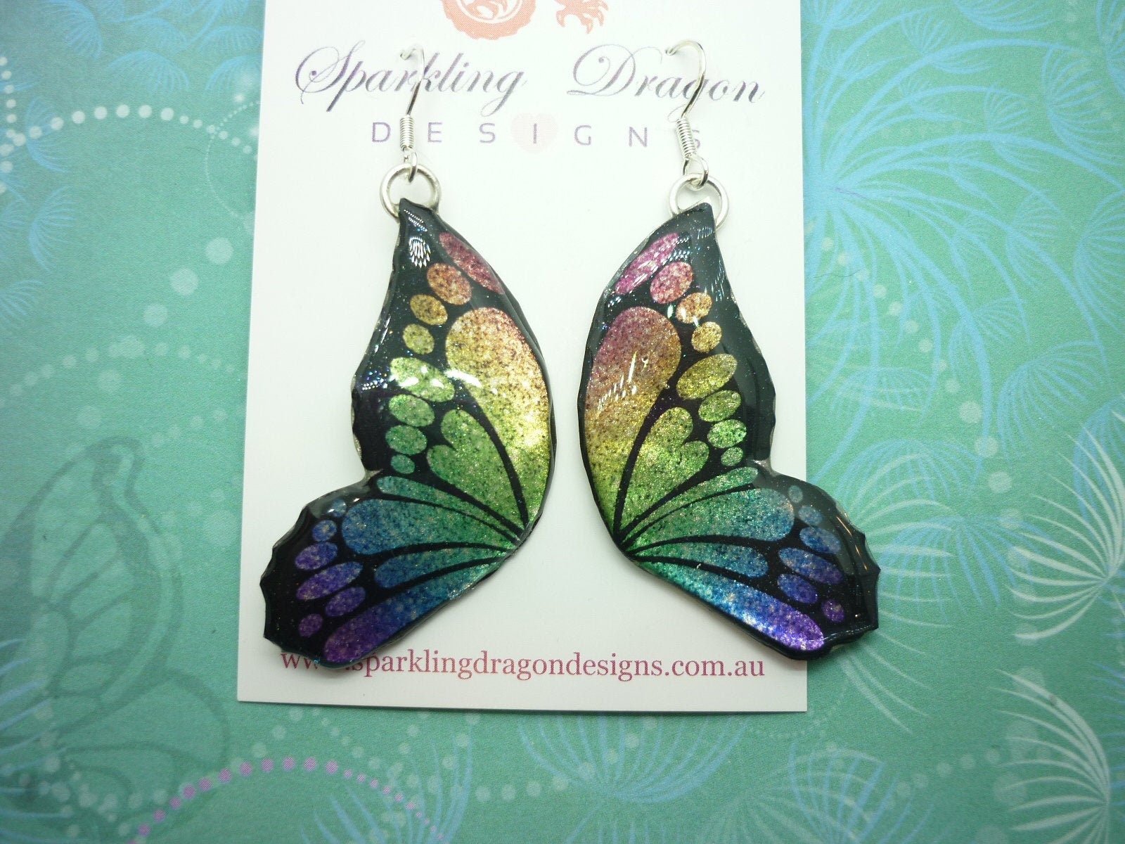Butterfly Double Wing Earrings Blue and Yellow - Fairy Jewellery, Fun Gift for her Statement Present Sparkly - Resin with Glitter Finish - Image 5