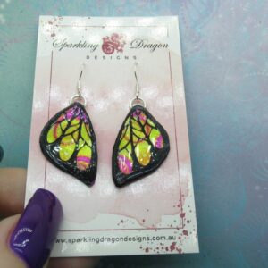 Butterfly Wing Earrings Swirling Yellow & Pink - Fairy Jewellery, Fun Gift for her Statement Present Sparkly - Resin with Glitter Finish